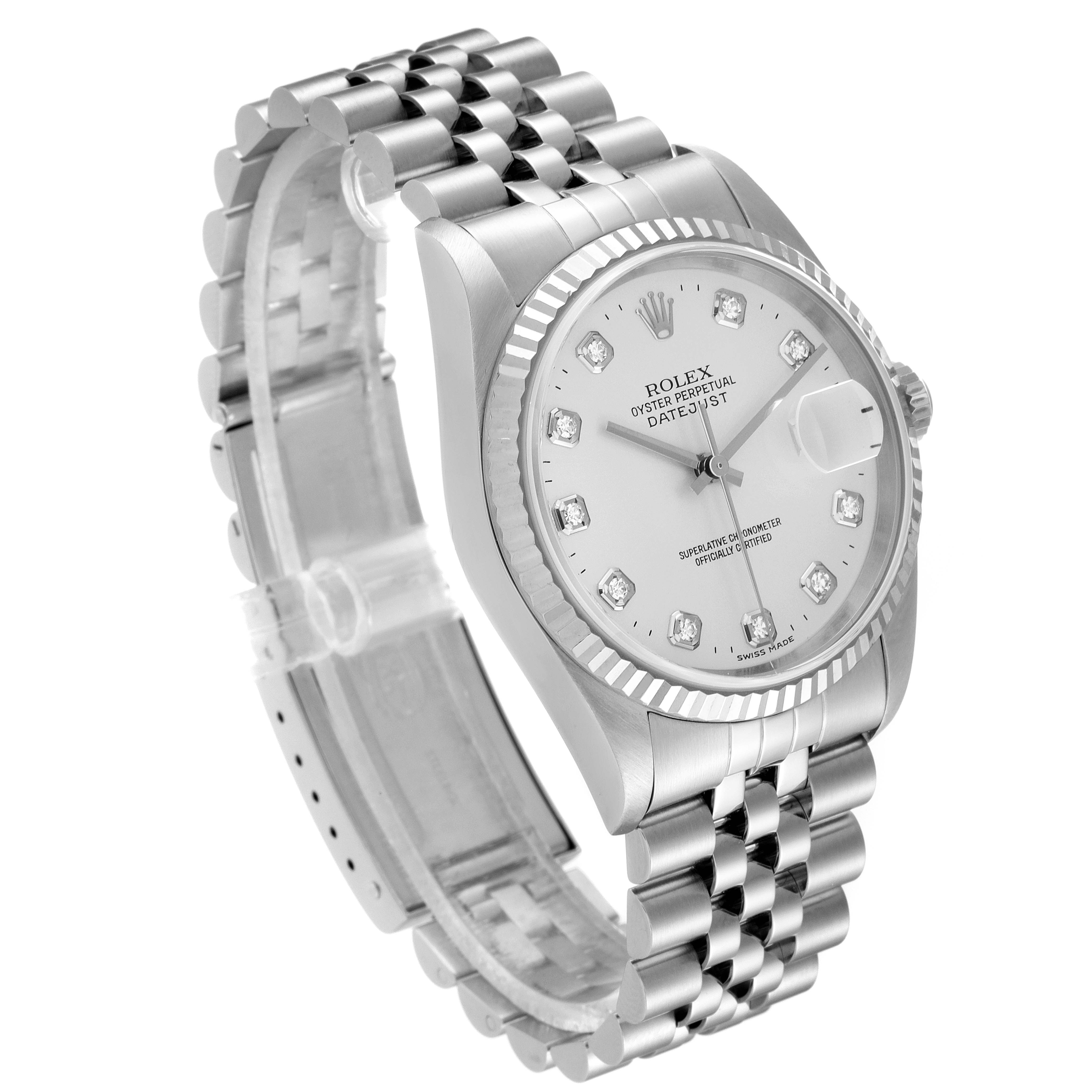 The Rolex Datejust 16234 Men's Stainless Steel Silver Dial 16234 Men's Stainless Steel Silver Dial watch is shown at an angled view displaying its face, bezel, and bracelet.