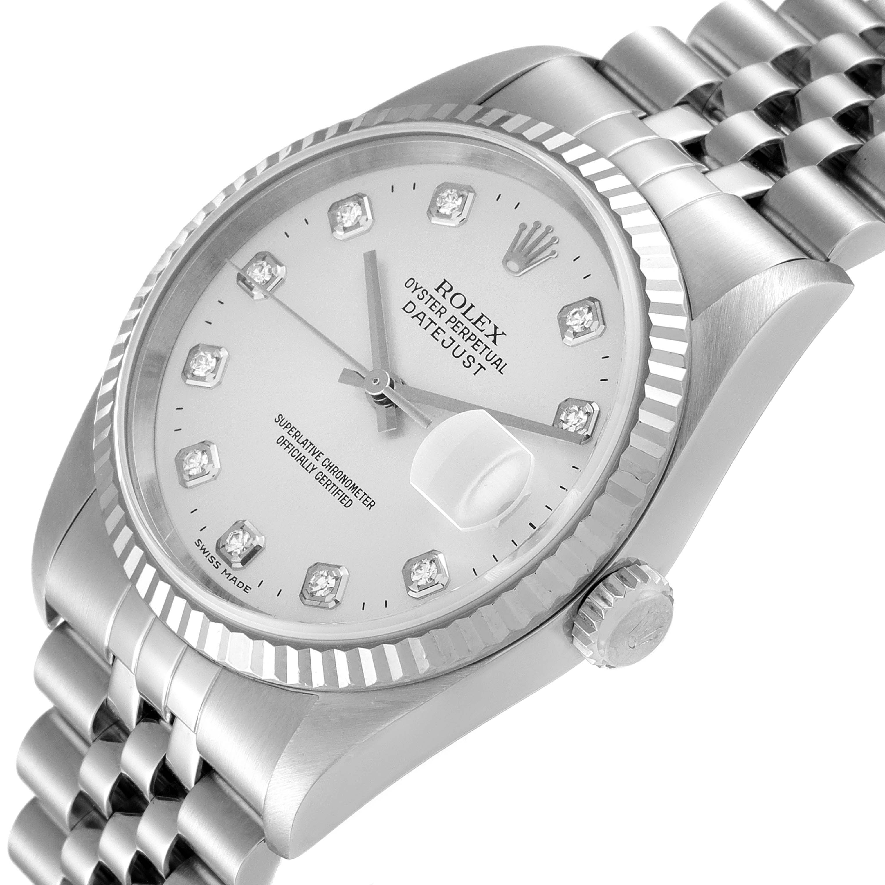 This image shows a close-up side angle of a Rolex Datejust 16234 Men's Stainless Steel Silver Dial 16234 Men's Stainless Steel Silver Dial watch, focusing on the dial, bezel, and part of the bracelet.