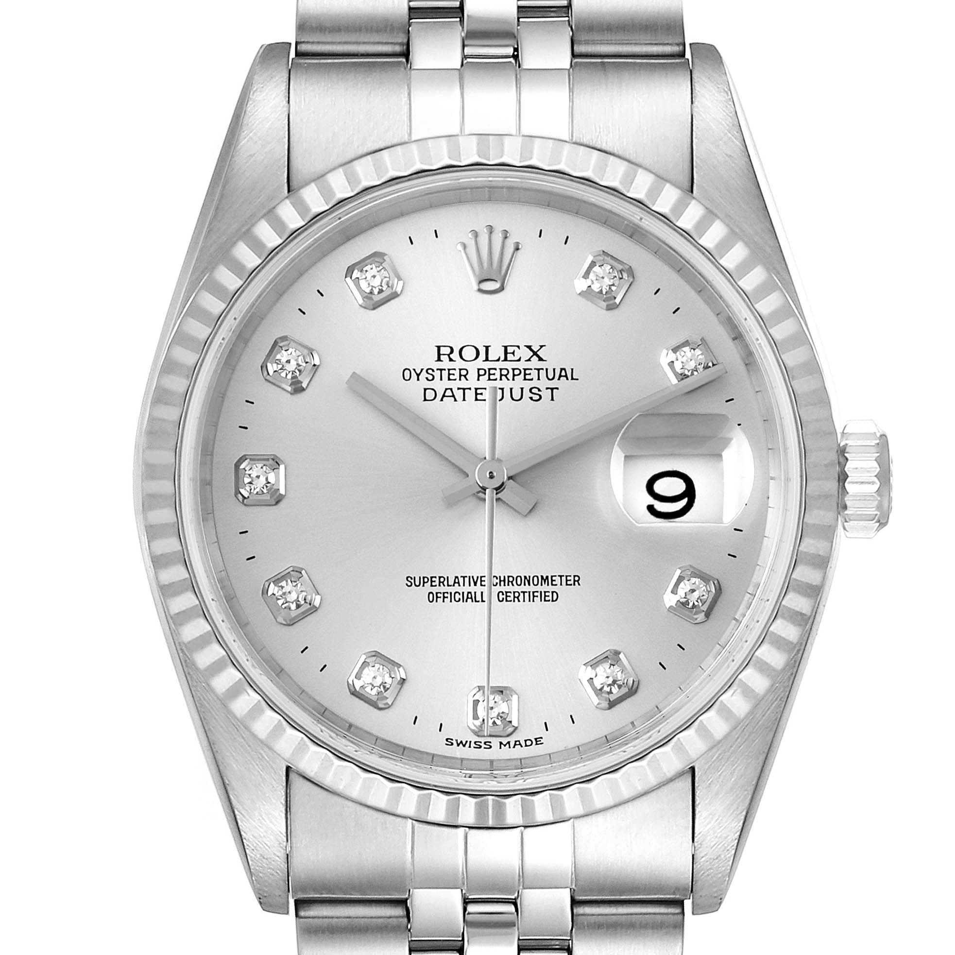 This image shows a front view of the Rolex Datejust 16234 Men's Stainless Steel Silver Dial 16234 Men's Stainless Steel Silver Dial watch, highlighting its dial, hands, date display, and part of the bracelet.