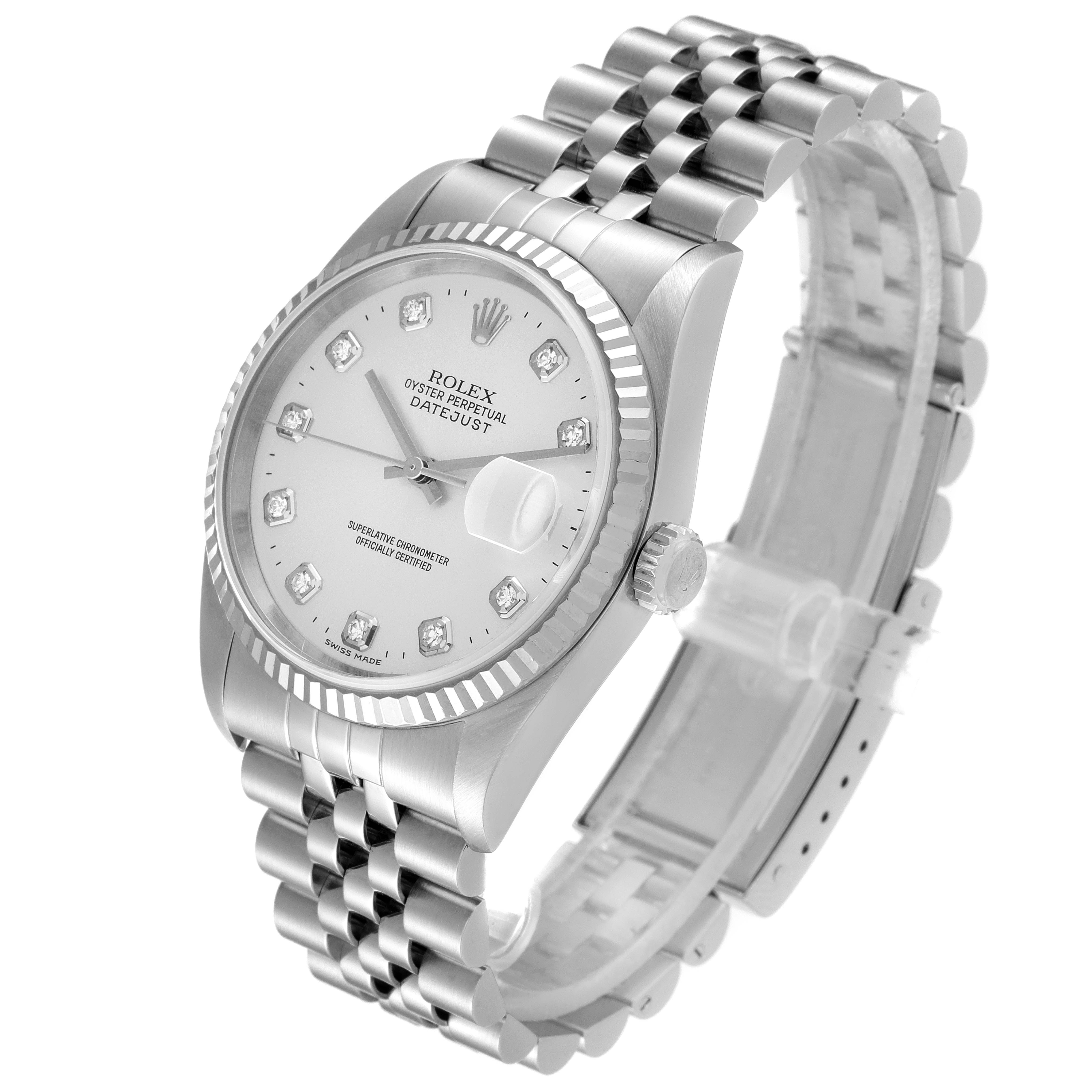 The Rolex Datejust 16234 Men's Stainless Steel Silver Dial 16234 Men's Stainless Steel Silver Dial watch is shown at a three-quarter angle, highlighting its dial, bezel, crown, and part of the bracelet.