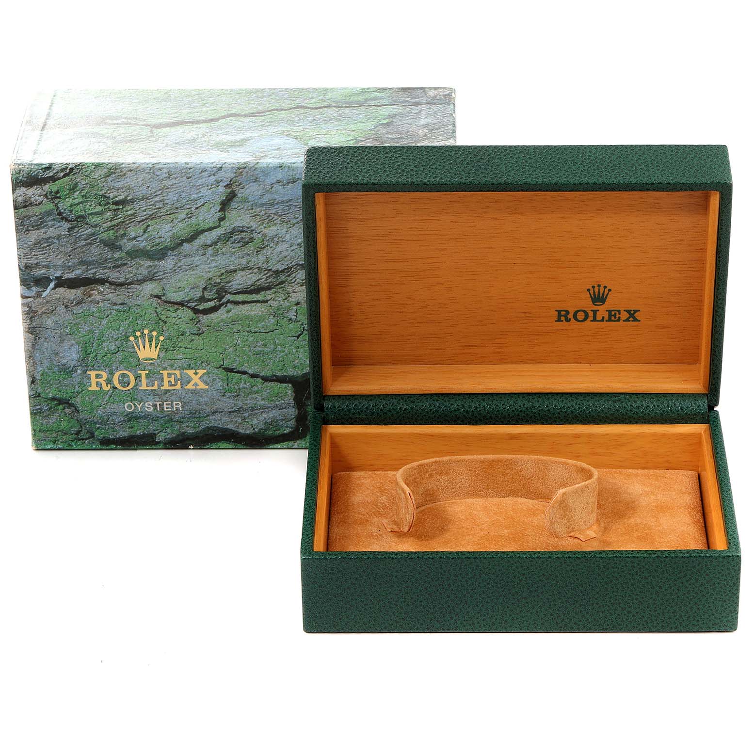 The image shows an open Rolex Datejust 16234 Men's Stainless Steel Silver Dial 16234 Men's Stainless Steel Silver Dial watch box with the inner cushion holder, alongside its original packaging.