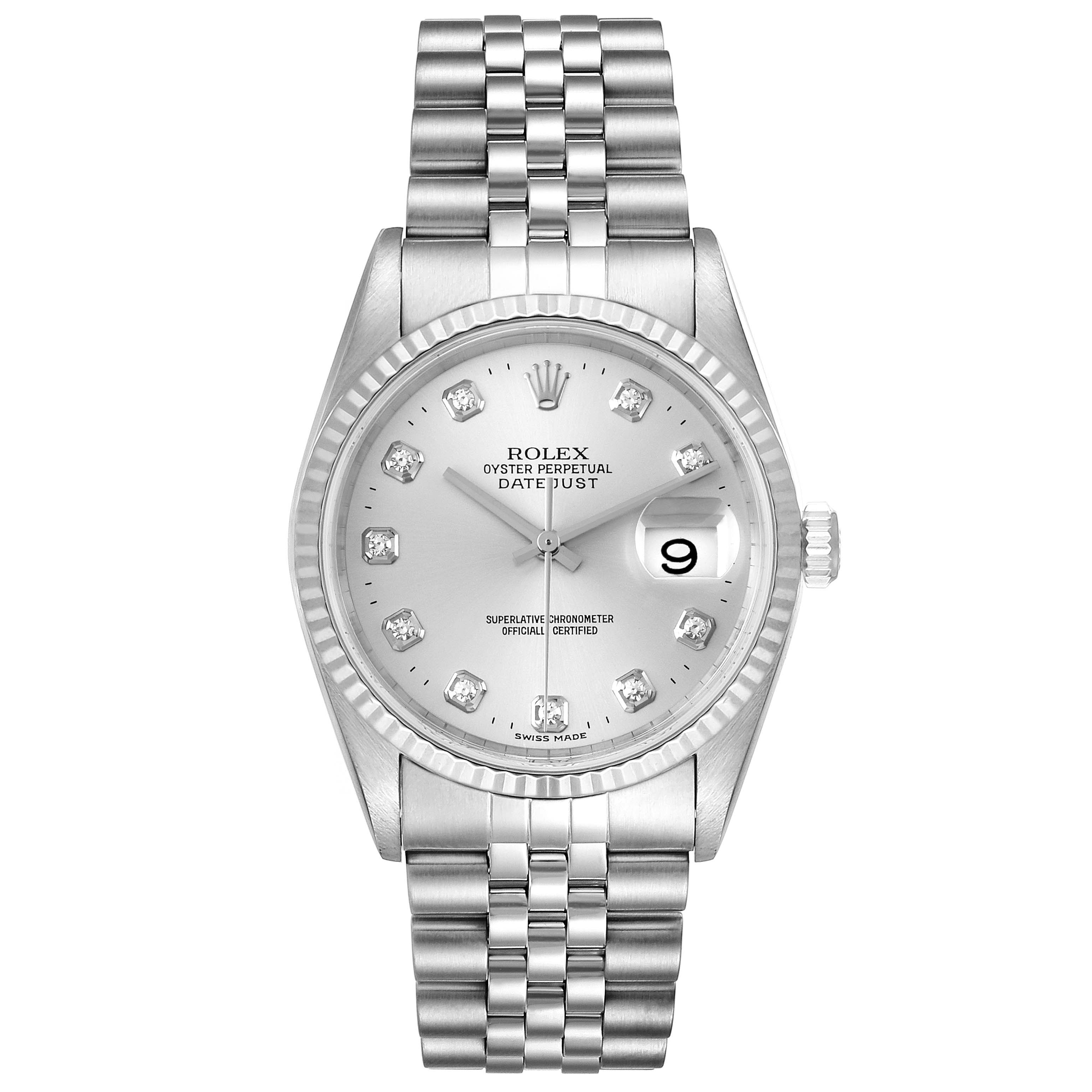 The Rolex Datejust 16234 Men's Stainless Steel Silver Dial 16234 Men's Stainless Steel Silver Dial watch is shown from a top-down angle, displaying the face, bezel, crown, and bracelet.