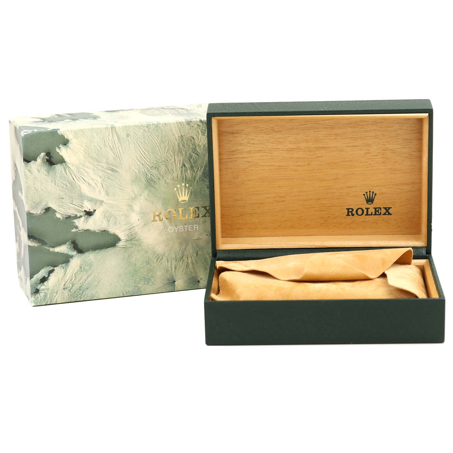 The image shows the open box and packaging for a Rolex Vintage Collection 16014 Men's Stainless Steel Silver Dial 16014 Men's Stainless Steel Silver Dial watch, showcasing the box's interior and outer design.