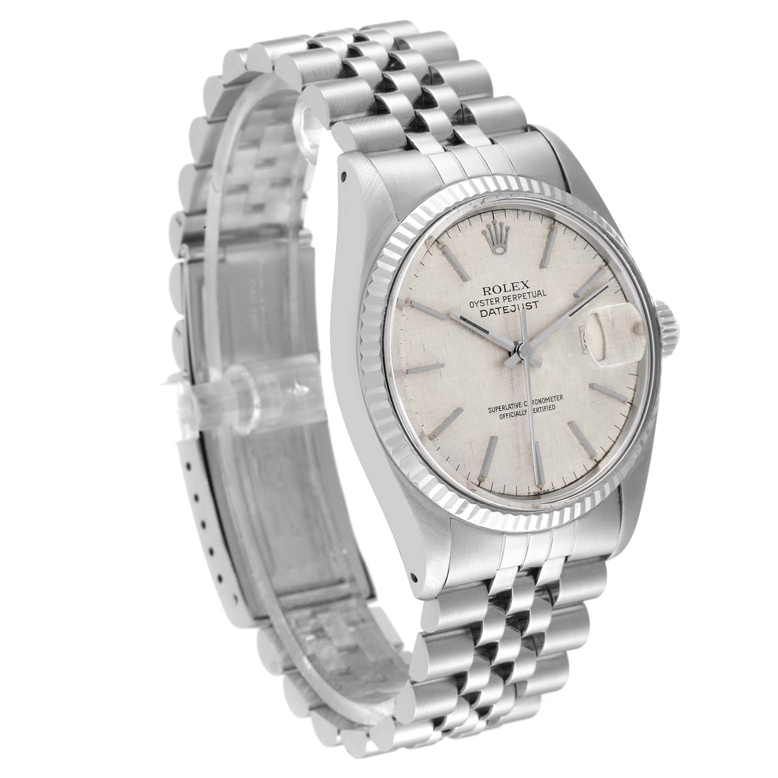 This Rolex Vintage Collection 16014 Men's Stainless Steel Silver Dial 16014 Men's Stainless Steel Silver Dial model watch is shown at a three-quarter angle, highlighting the face, bezel, and bracelet.
