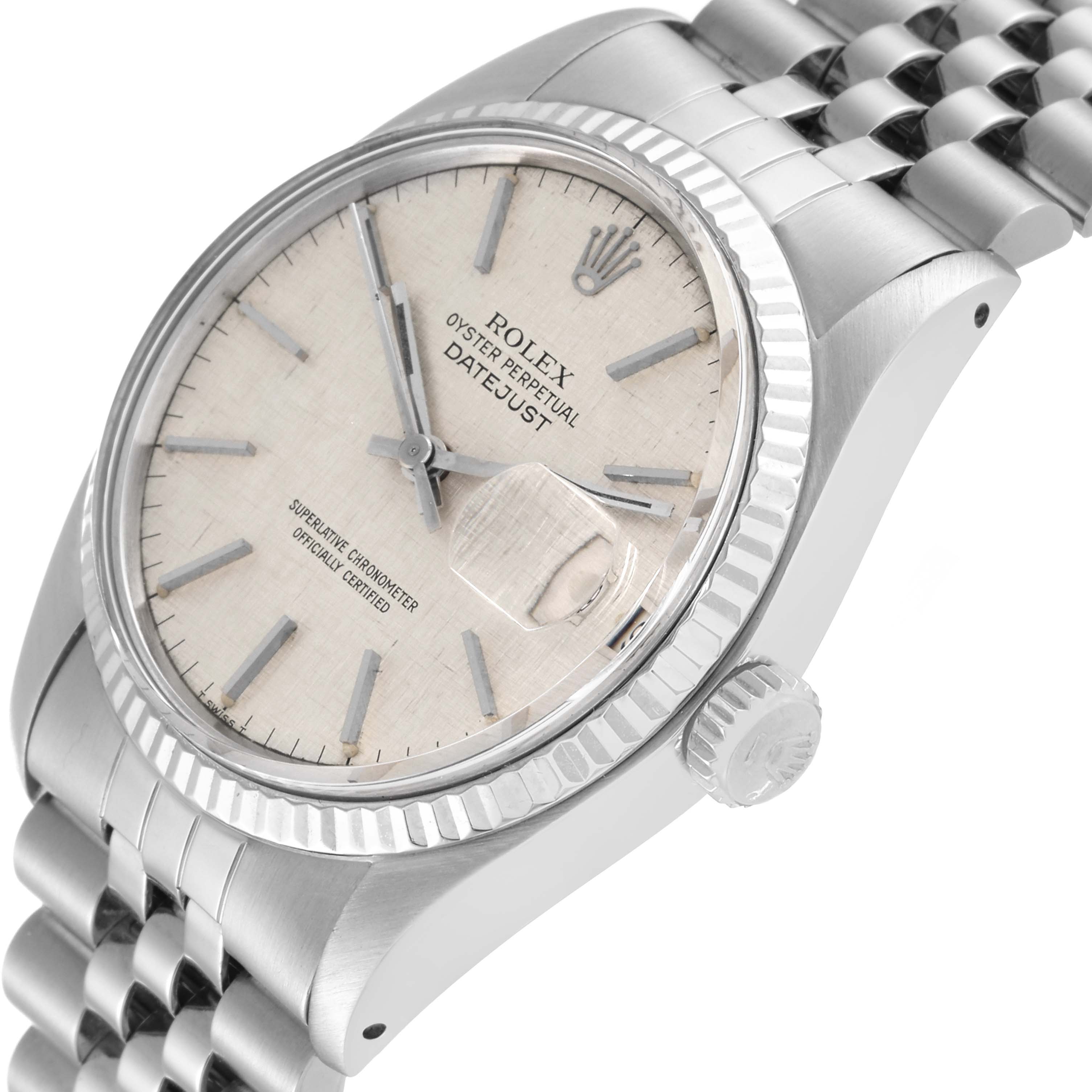 The Rolex Vintage Collection 16014 Men's Stainless Steel Silver Dial 16014 Men's Stainless Steel Silver Dial Datejust watch is shown in a tilted angle, highlighting its dial, bezel, crown, and metal bracelet.