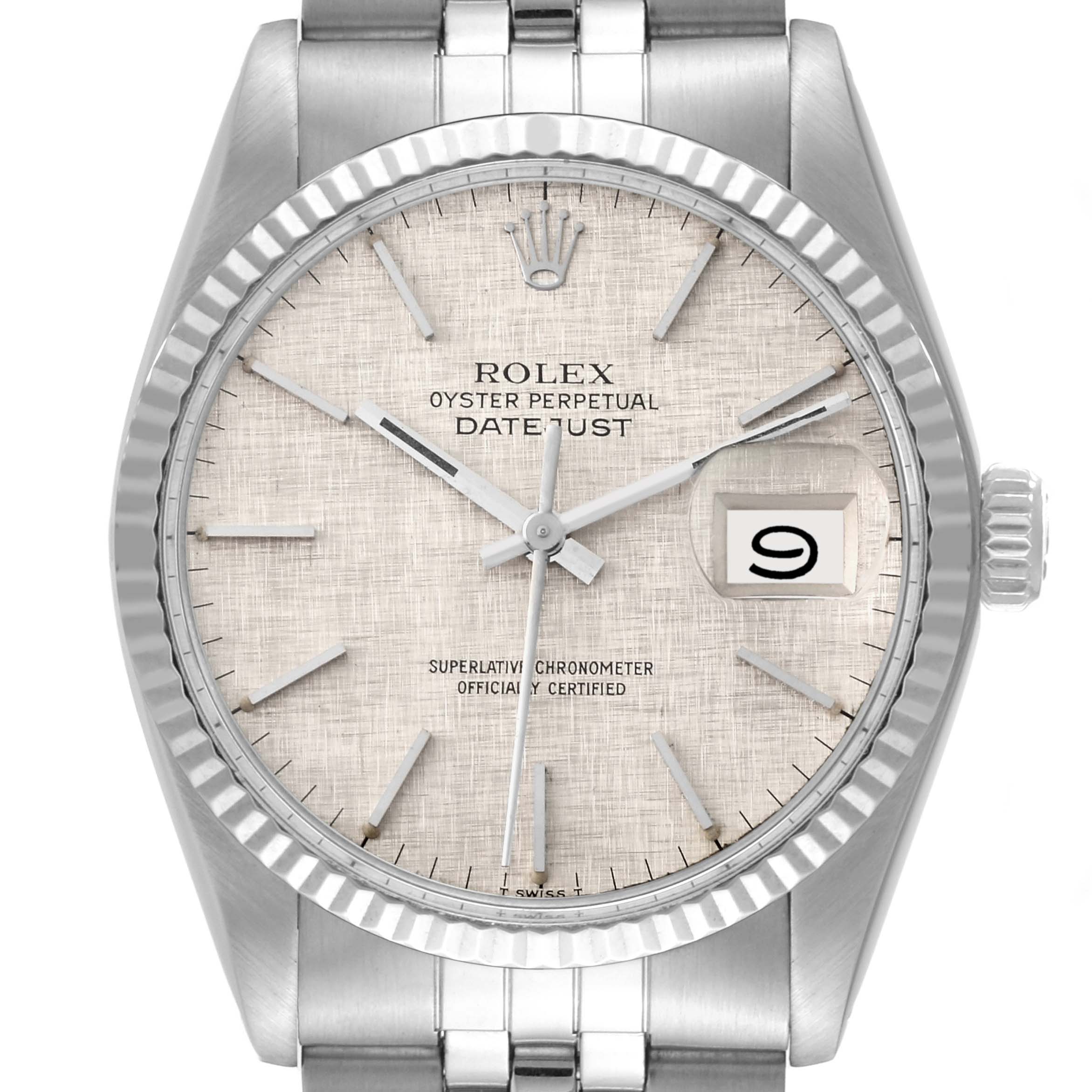 This is a front view of the Rolex Vintage Collection 16014 Men's Stainless Steel Silver Dial 16014 Men's Stainless Steel Silver Dial Oyster Perpetual Datejust watch, showing the dial, bezel, crown, and part of the band.