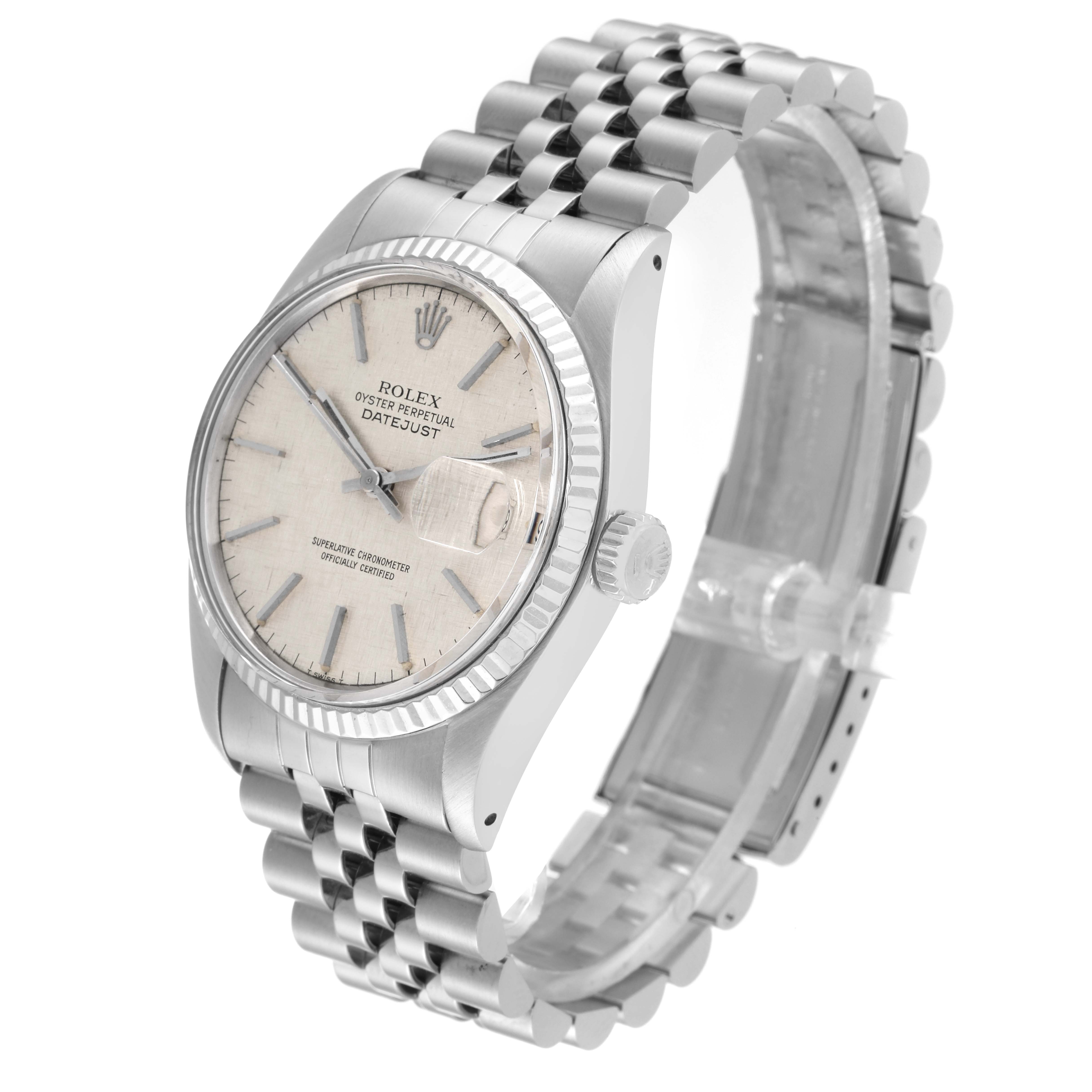 The image shows a Rolex Vintage Collection 16014 Men's Stainless Steel Silver Dial 16014 Men's Stainless Steel Silver Dial Datejust watch at a three-quarter angle, highlighting the face, bezel, crown, and bracelet.