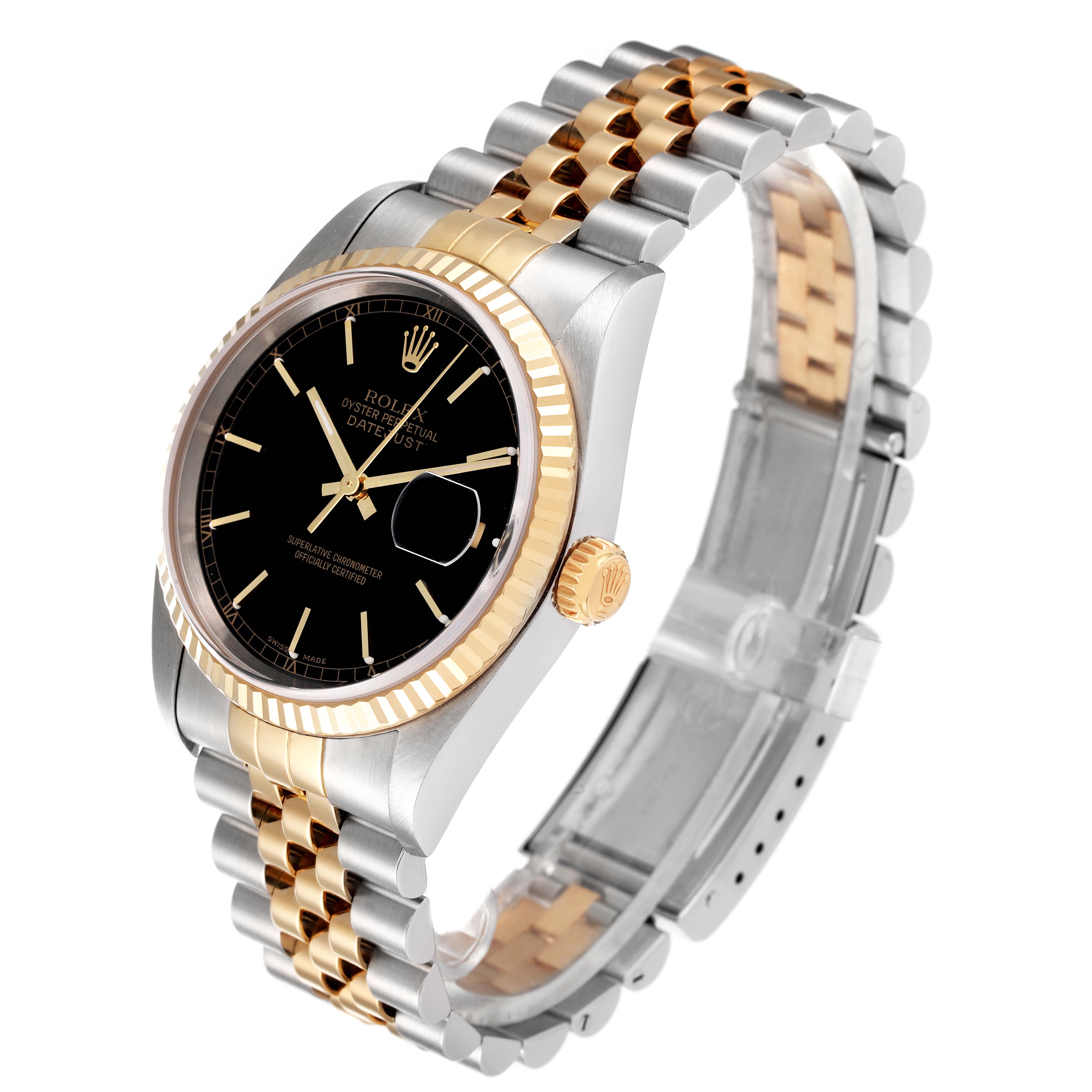 The Rolex Datejust 16233 Men's Steel and Gold (two tone) Black Dial 16233 Men's Steel and Gold (two tone) Black Dial watch is shown at a slight angle, highlighting its black dial, gold fluted bezel, crown, and two-tone bracelet.