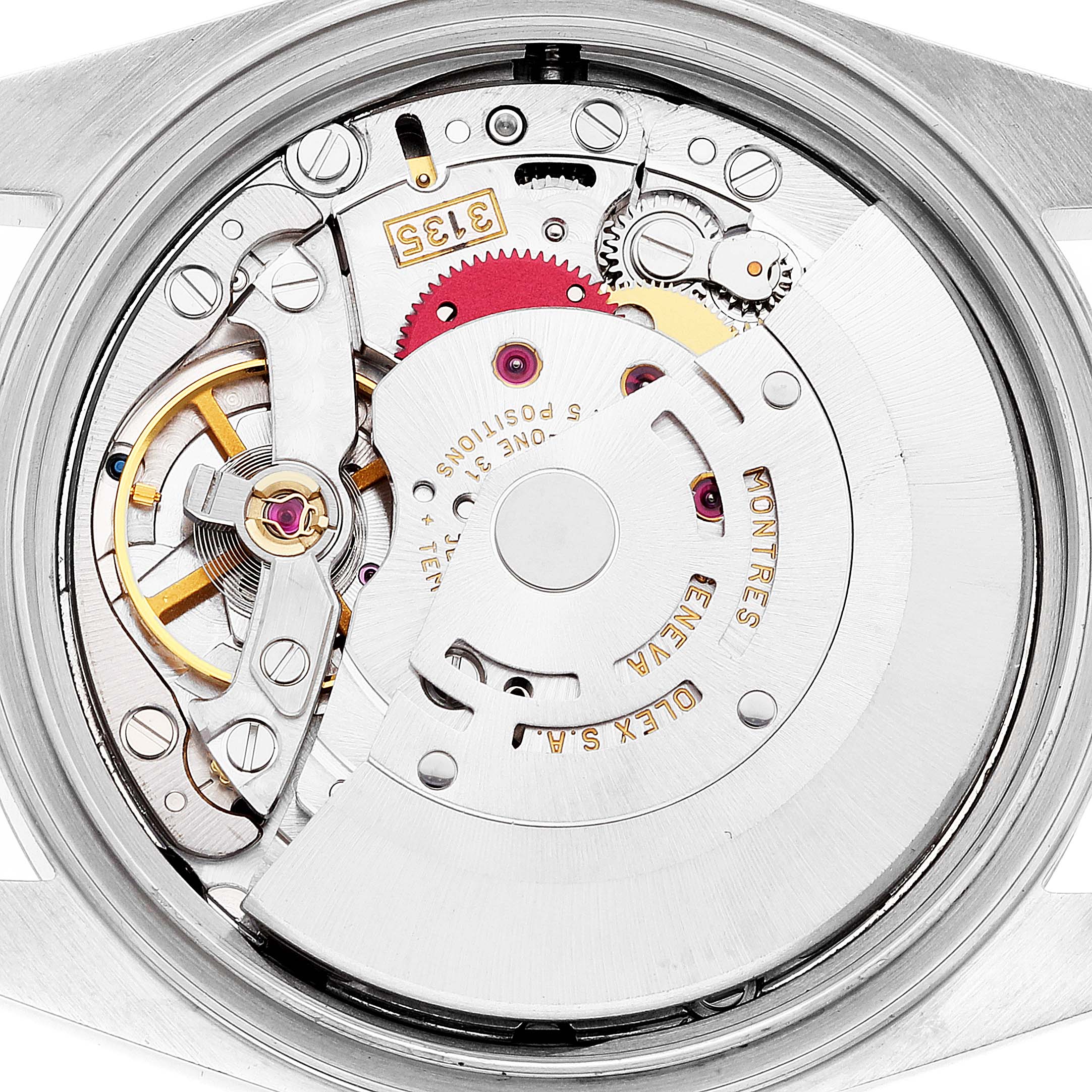 This image shows the back view of the Rolex Datejust 16233 Men's Steel and Gold (two tone) Black Dial 16233 Men's Steel and Gold (two tone) Black Dial model, focusing on its internal movement mechanism.