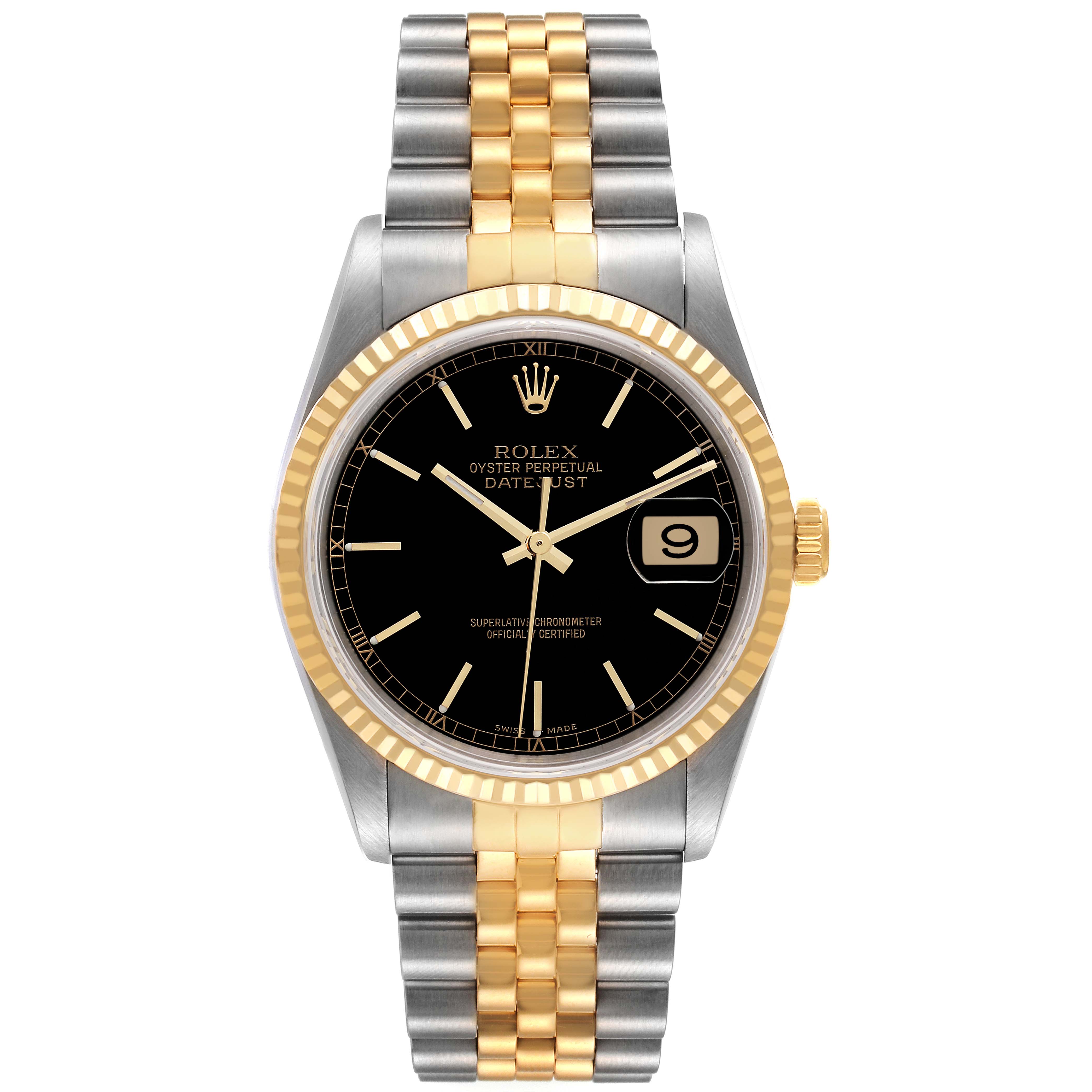 The image shows a front view of a Rolex Datejust 16233 Men's Steel and Gold (two tone) Black Dial 16233 Men's Steel and Gold (two tone) Black Dial watch, featuring its two-tone bracelet, black dial, and date window.
