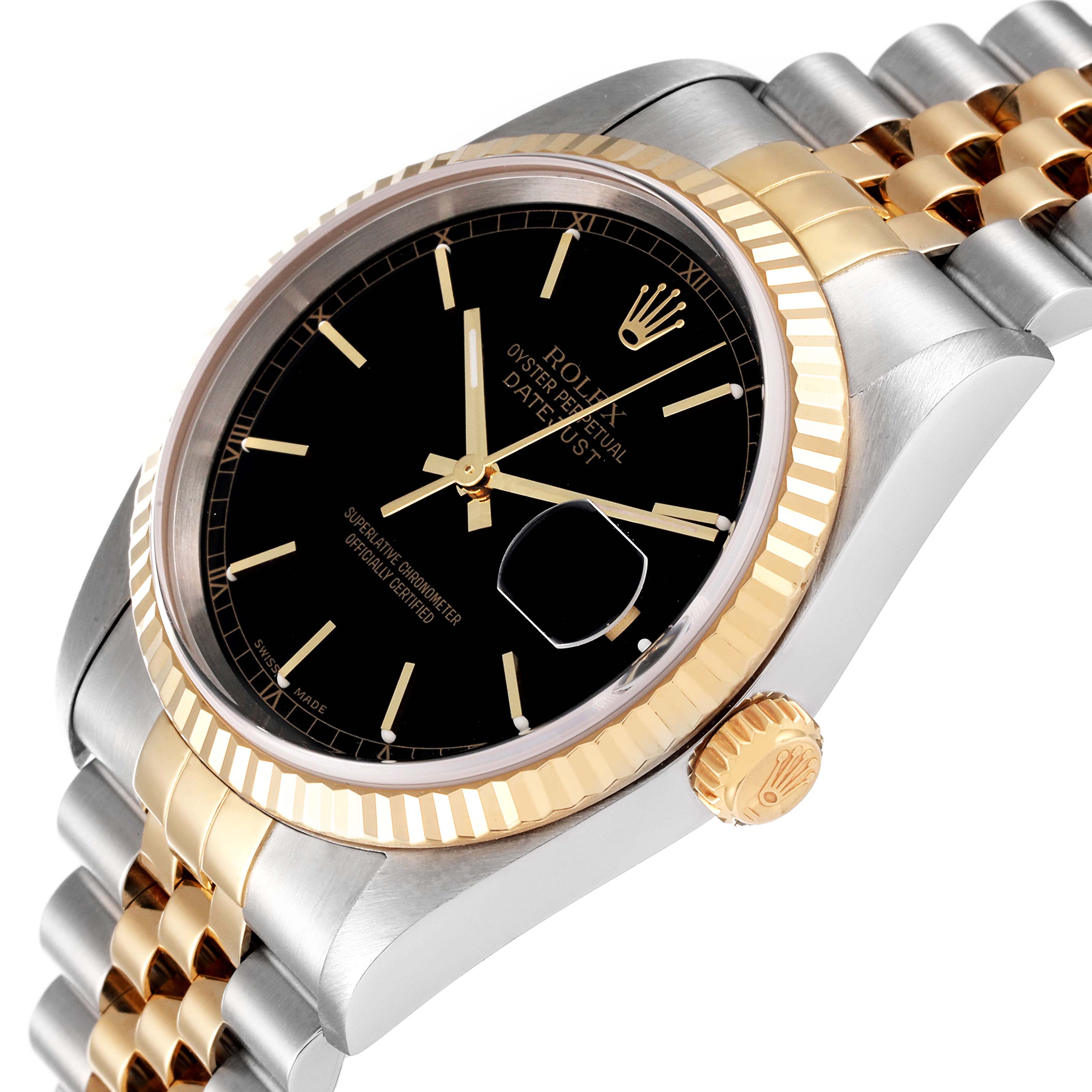 The image shows an angled view of a Rolex Datejust 16233 Men's Steel and Gold (two tone) Black Dial 16233 Men's Steel and Gold (two tone) Black Dial, highlighting the black dial, gold bezel, and two-tone bracelet.