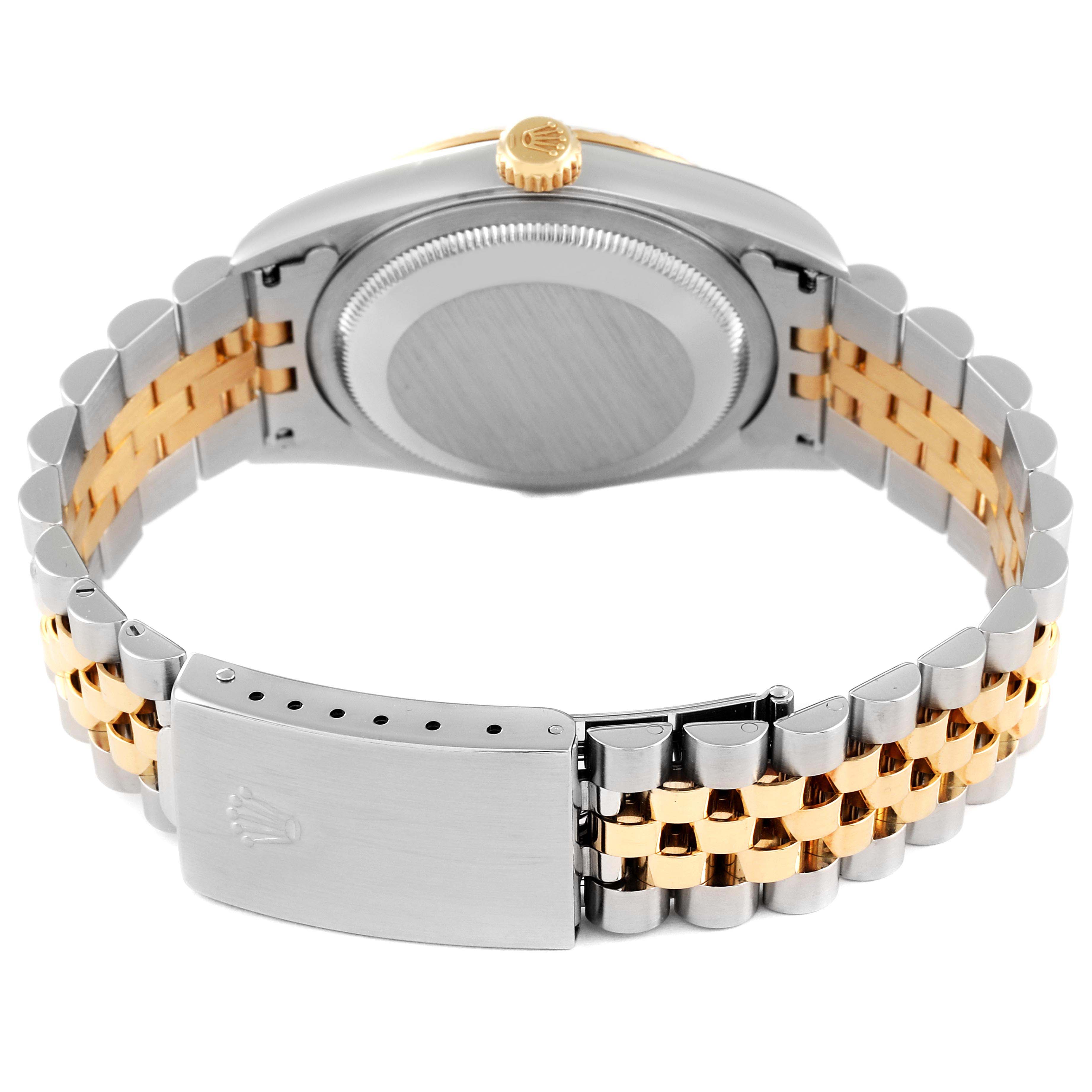 This image shows the back view of the Rolex Datejust 16233 Men's Steel and Gold (two tone) Black Dial 16233 Men's Steel and Gold (two tone) Black Dial watch, highlighting the case back, crown, and two-tone bracelet with clasp.