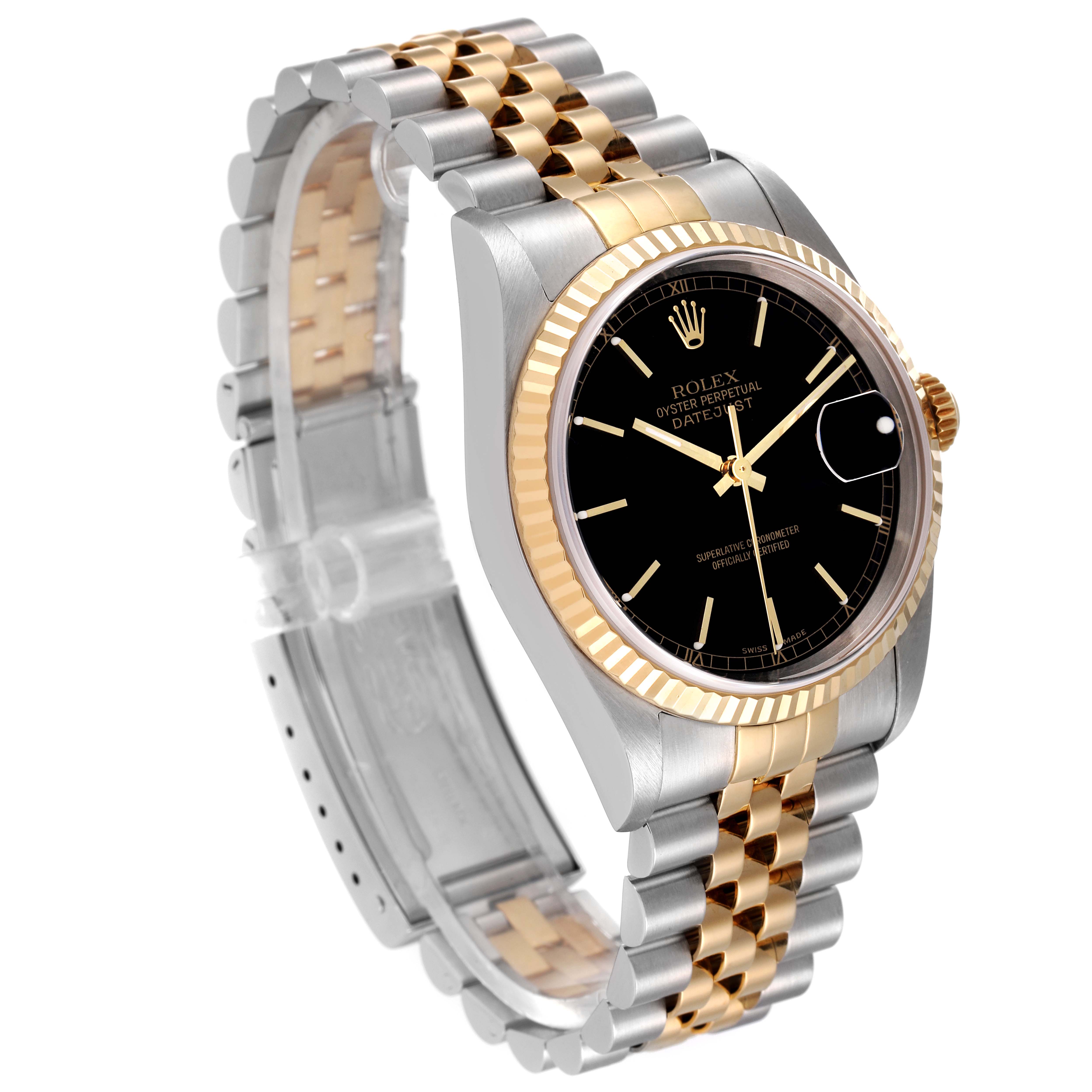 This photo shows a Rolex Datejust 16233 Men's Steel and Gold (two tone) Black Dial 16233 Men's Steel and Gold (two tone) Black Dial watch featuring a two-tone bracelet and a black dial, viewed from a three-quarter angle.