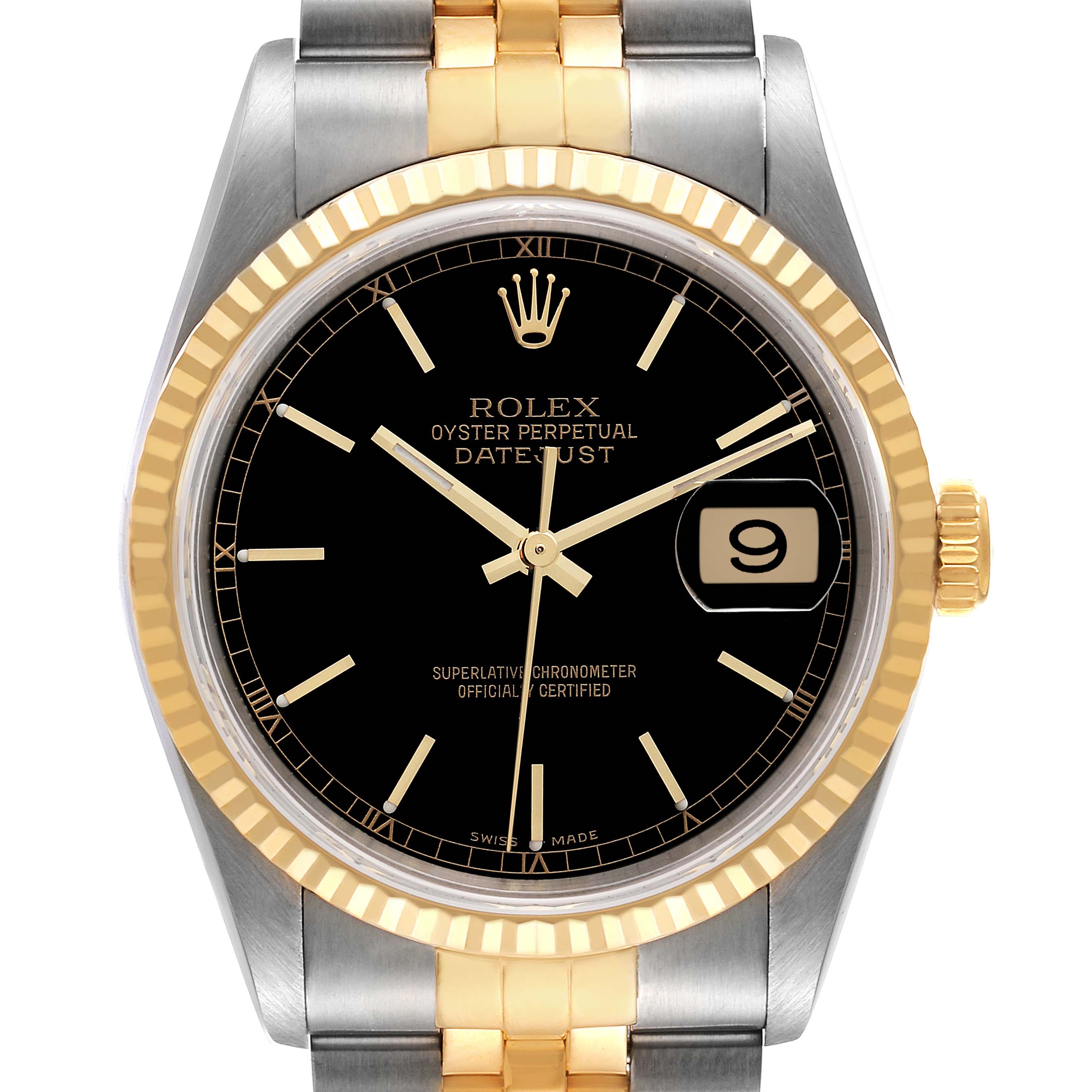 This Rolex Datejust 16233 Men's Steel and Gold (two tone) Black Dial 16233 Men's Steel and Gold (two tone) Black Dial watch is shown from the front, displaying the black dial, gold hands, date window, and two-tone bracelet.