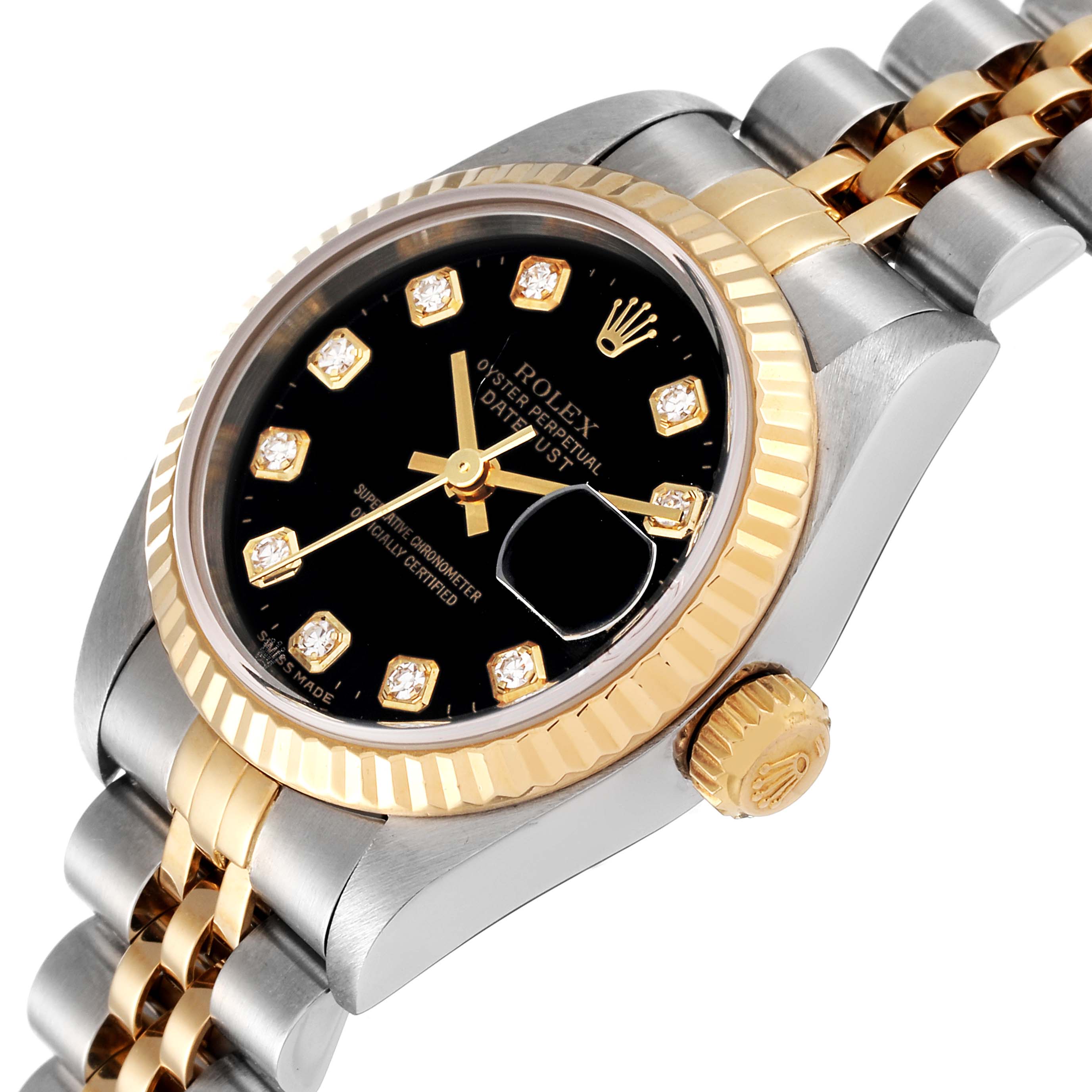 This image shows a close-up angled view of the Rolex Datejust 79173 Women's Steel and Gold (two tone) Black Dial 79173 Women's Steel and Gold (two tone) Black Dial watch, highlighting the dial, bezel, crown, and bracelet.
