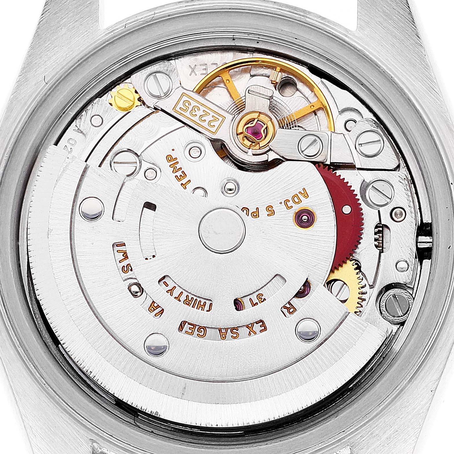 This image shows the movement and internal mechanism of a Rolex Datejust 79173 Women's Steel and Gold (two tone) Black Dial 79173 Women's Steel and Gold (two tone) Black Dial watch from a top view.