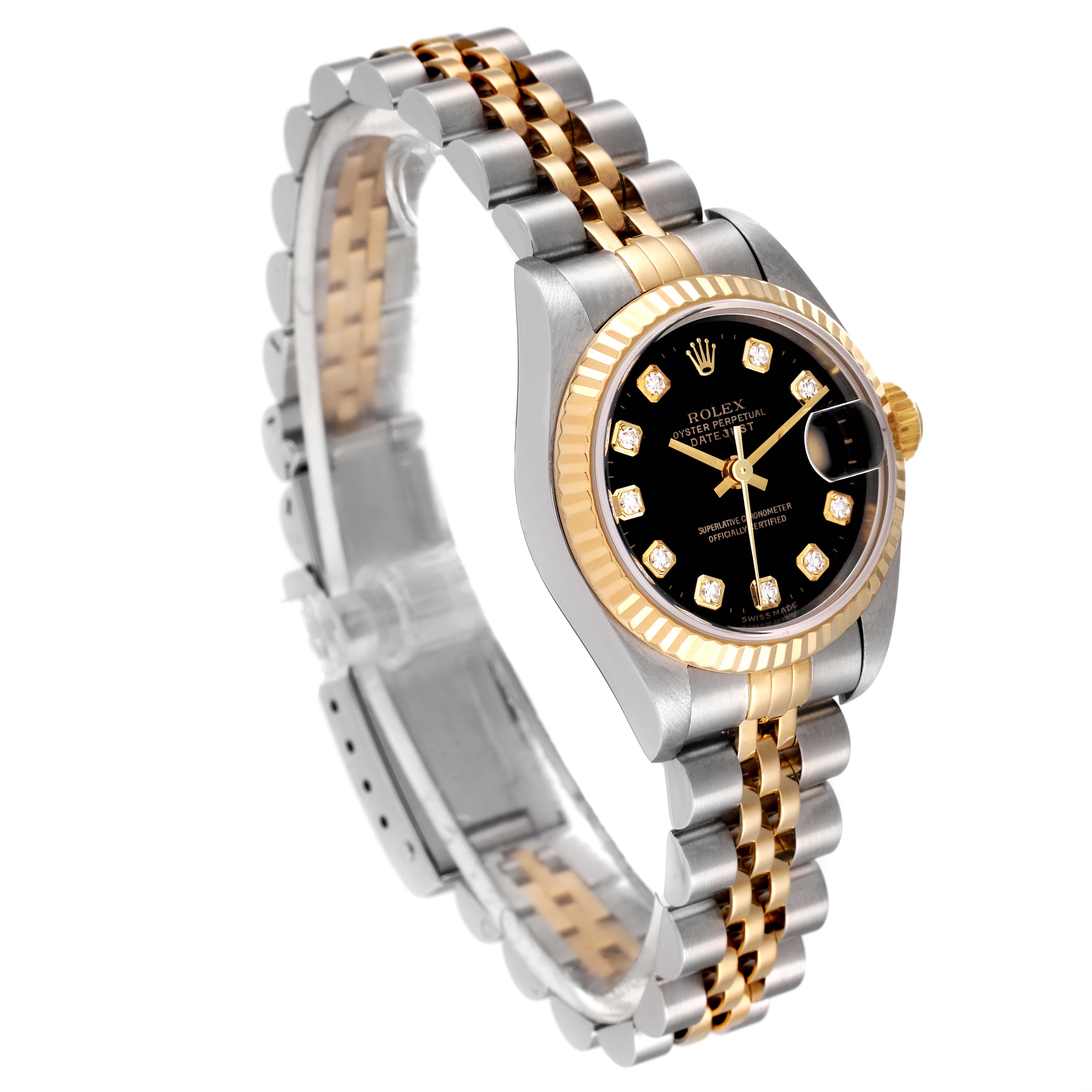 This image shows the Rolex Datejust 79173 Women's Steel and Gold (two tone) Black Dial 79173 Women's Steel and Gold (two tone) Black Dial watch at a three-quarter angle, highlighting its two-tone bracelet, black dial, and fluted bezel.