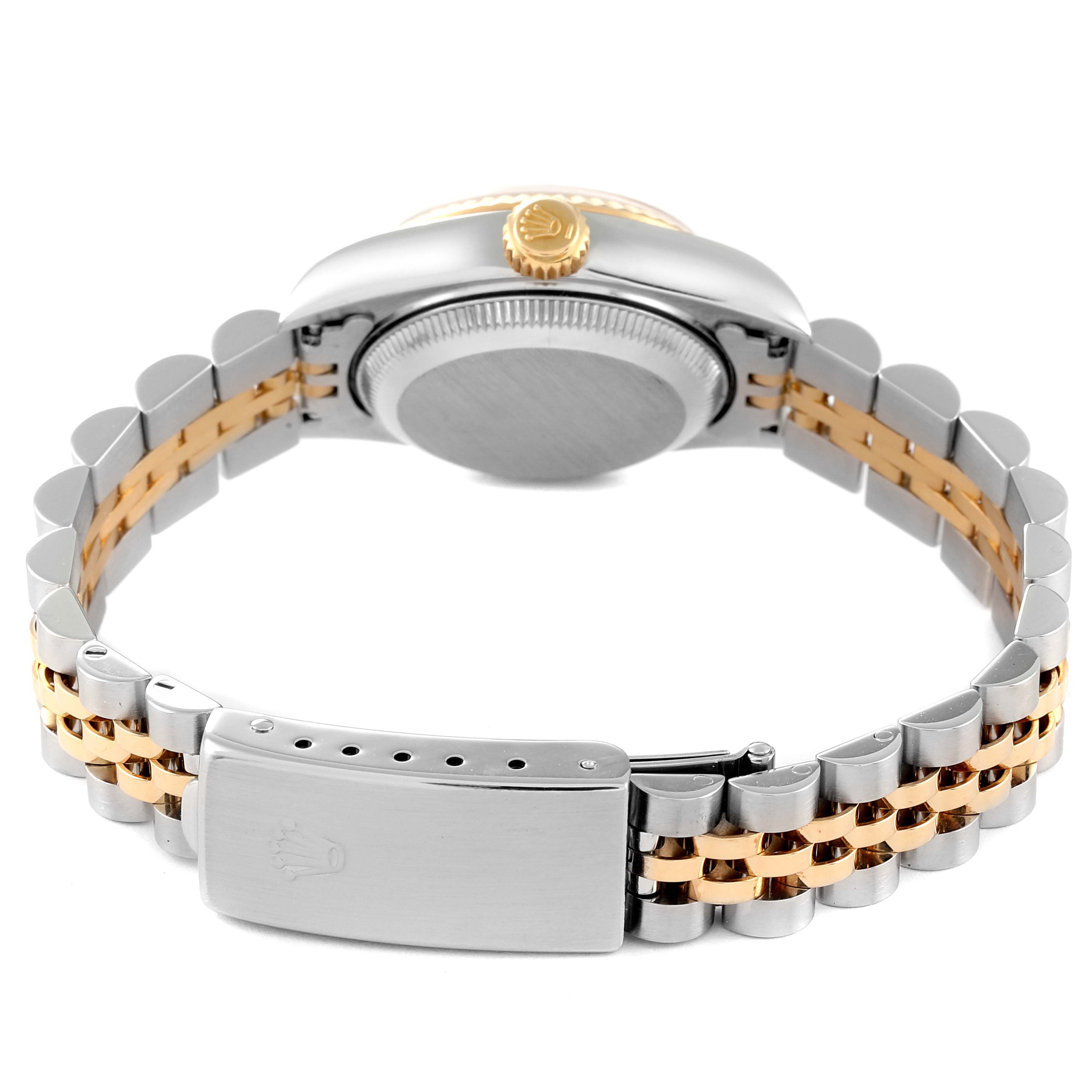 This image shows the back view of a Rolex Datejust 79173 Women's Steel and Gold (two tone) Black Dial 79173 Women's Steel and Gold (two tone) Black Dial watch, highlighting the clasp, bracelet, and crown.