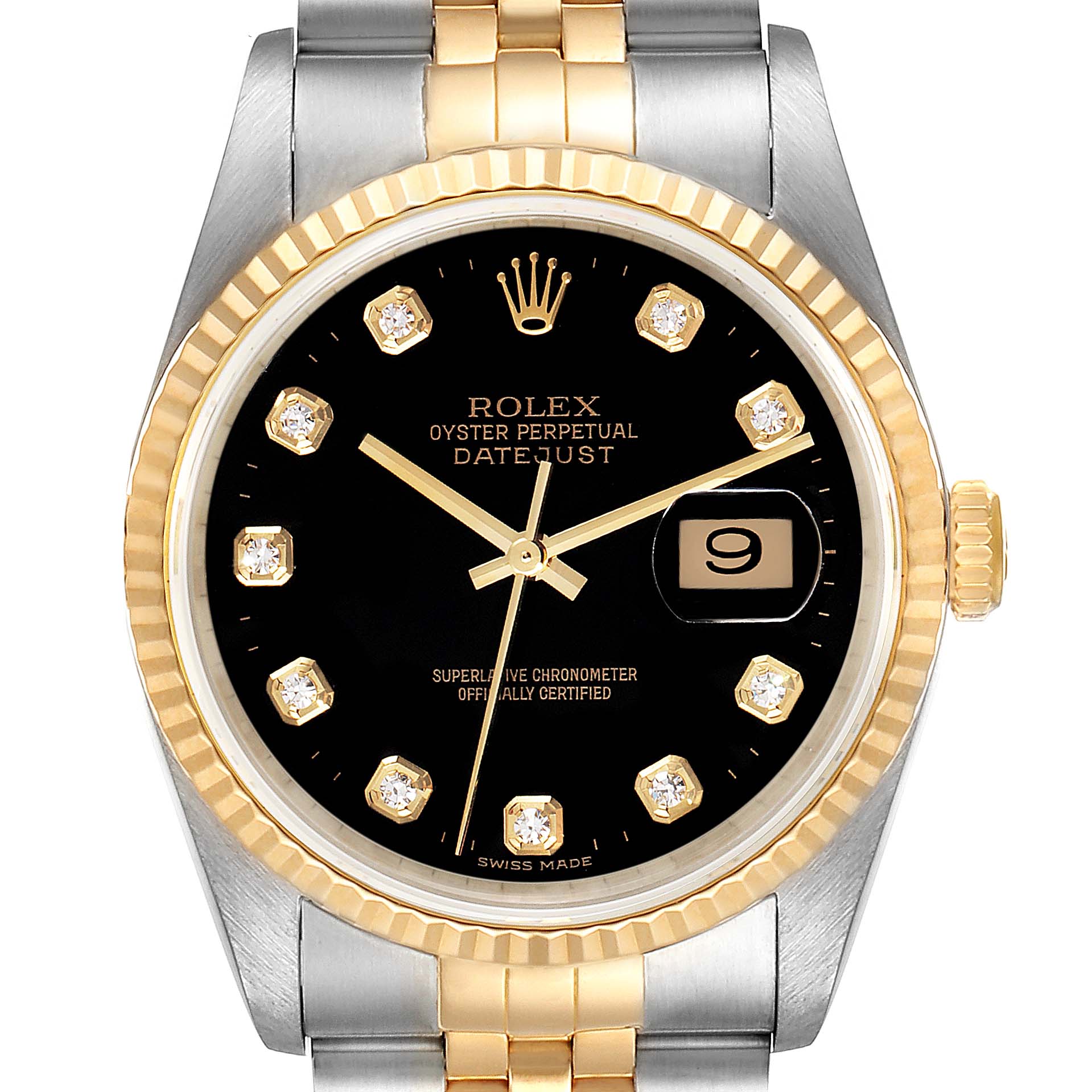 36mm Men's Diamond Bezel Rolex Two Tone Watch Datejust Black Dial