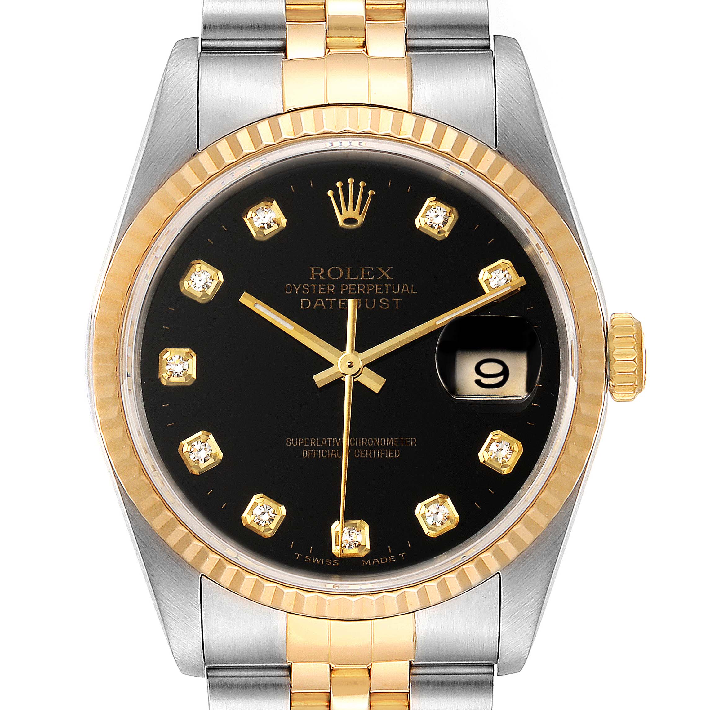 This image displays a front view of a Rolex Datejust 16233 Men
s Steel and Gold (two tone) Black Dial 16233 Men
s Steel and Gold (two tone) Black Dial watch, featuring a black dial, gold markers, and a two-tone bracelet.
