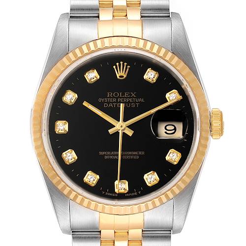 Photo of Rolex Datejust Steel Yellow Gold Black Diamond Mens Watch 16233 Box