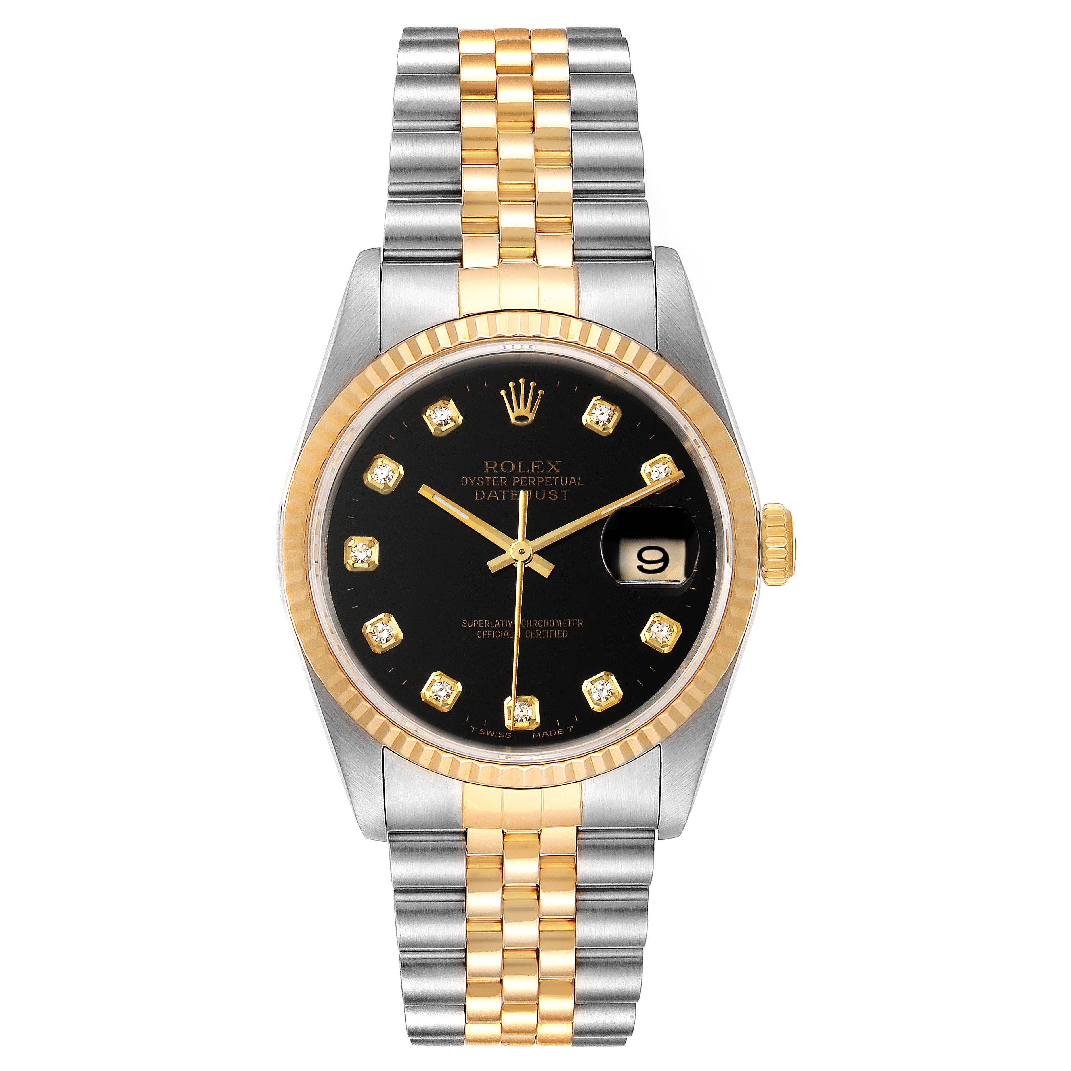 The Rolex Datejust 16233 Men
s Steel and Gold (two tone) Black Dial 16233 Men
s Steel and Gold (two tone) Black Dial watch is shown from a front view, displaying its black dial, date window at 3 o
clock, and two-tone bracelet.