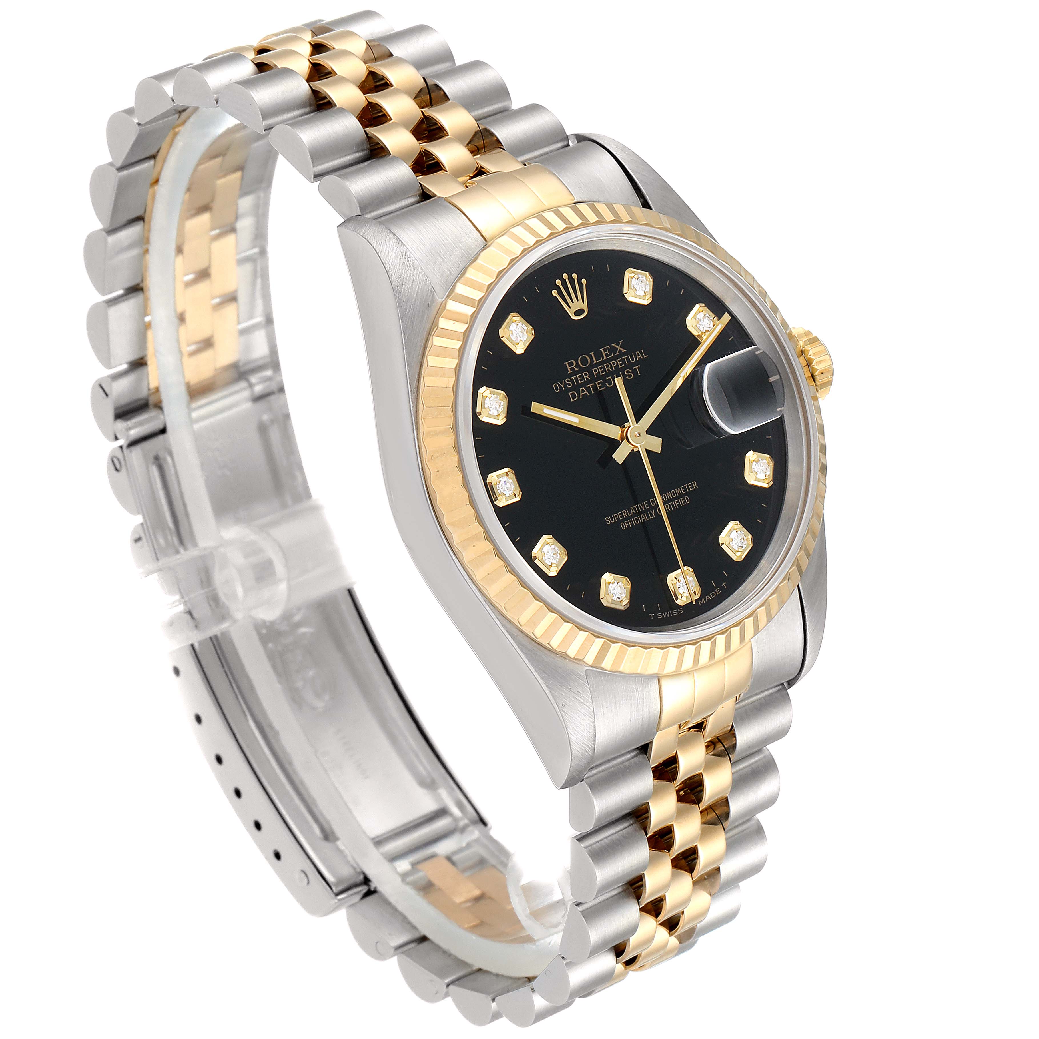 The Rolex Datejust 16233 Men
s Steel and Gold (two tone) Black Dial 16233 Men
s Steel and Gold (two tone) Black Dial watch is shown at a three-quarter angle, highlighting the jubilee bracelet, black dial, and fluted bezel.