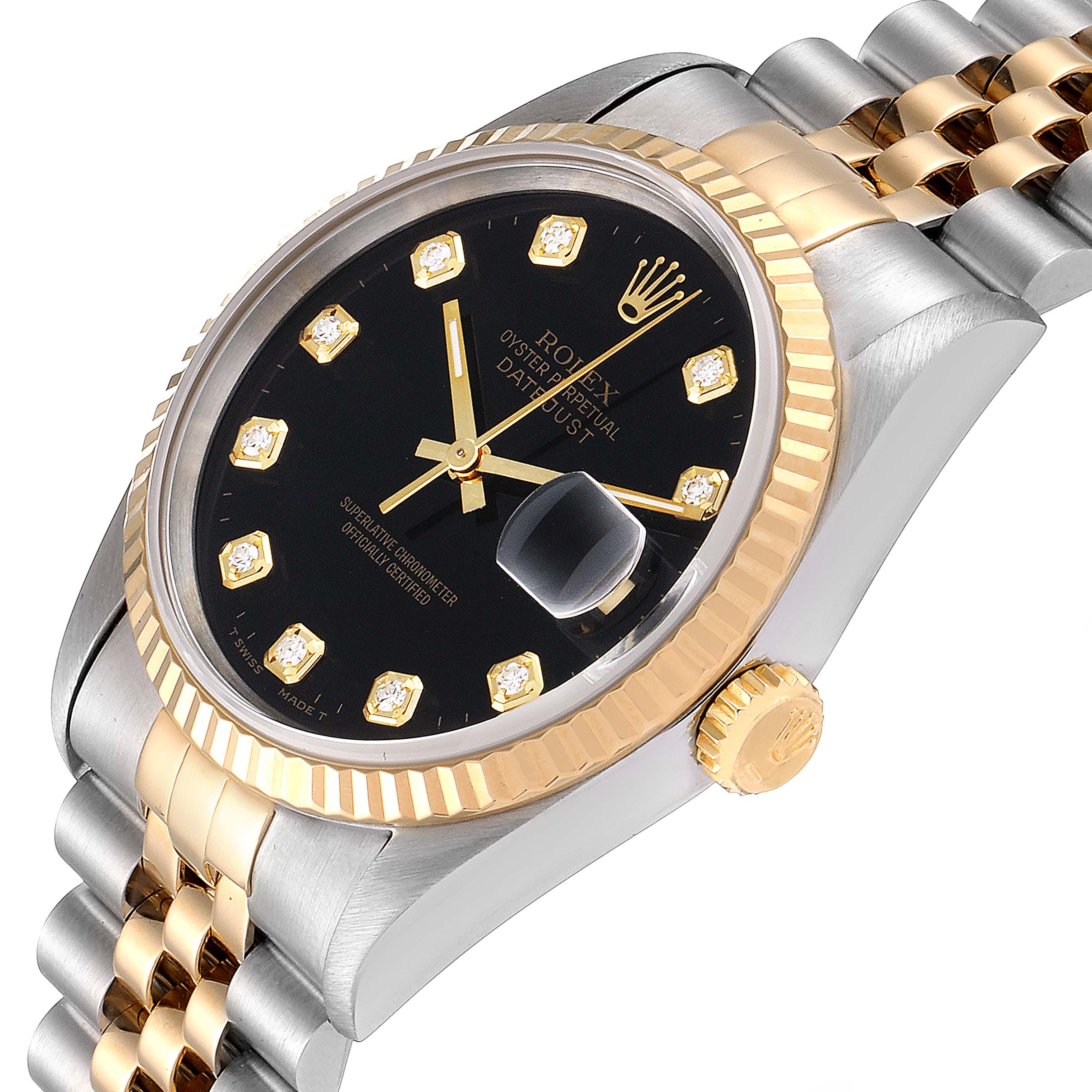 The image shows a close-up angled view of the Rolex Datejust 16233 Men
s Steel and Gold (two tone) Black Dial 16233 Men
s Steel and Gold (two tone) Black Dial watch, highlighting its black dial, gold fluted bezel, and part of the bracelet.