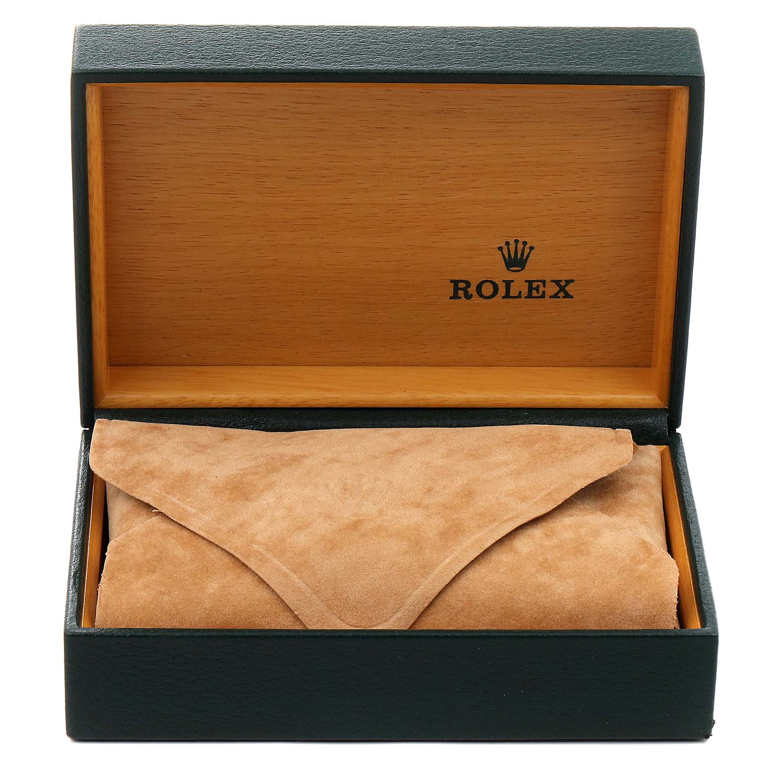 The image shows an open Rolex Datejust 16233 Men
s Steel and Gold (two tone) Black Dial 16233 Men
s Steel and Gold (two tone) Black Dial watch box containing a suede pouch, viewed from the front.
