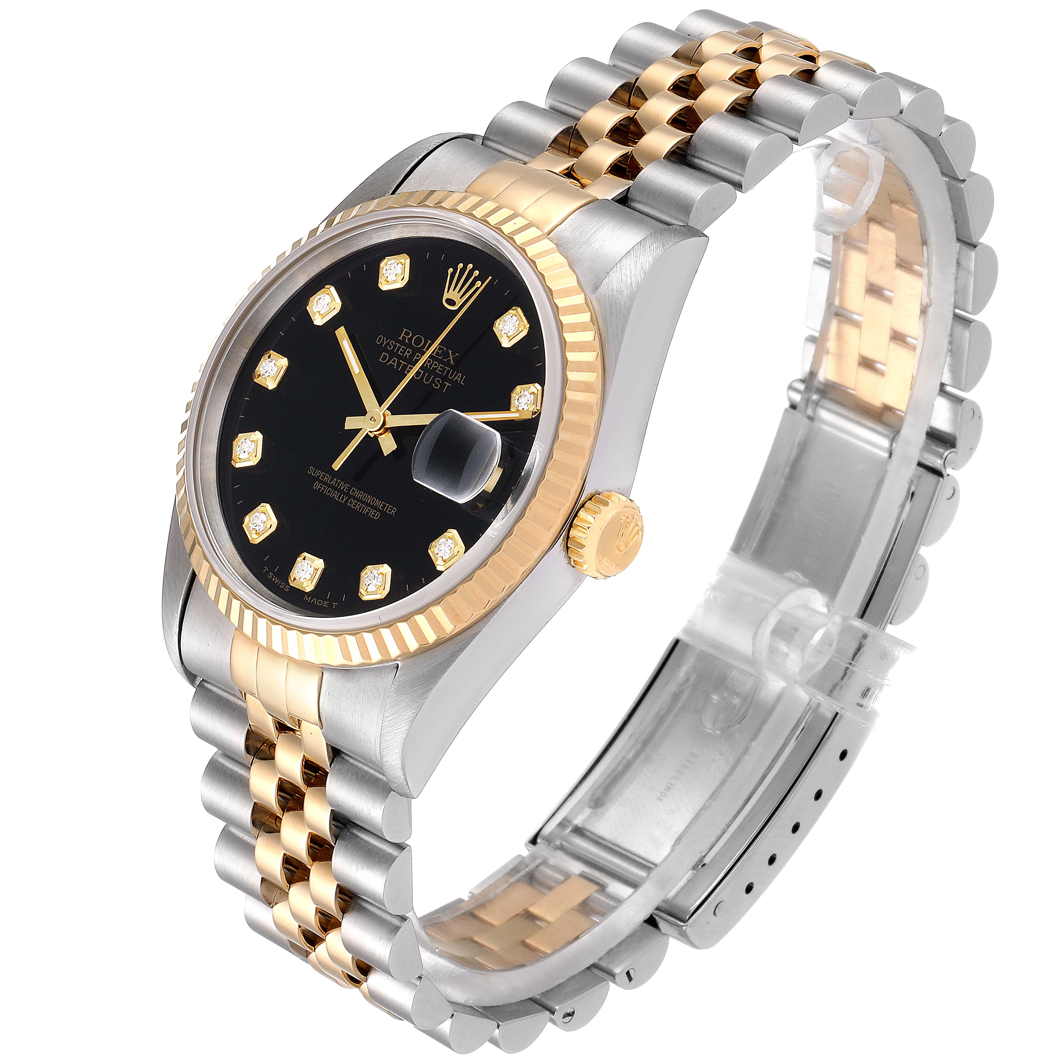 The image shows a Rolex Datejust 16233 Men
s Steel and Gold (two tone) Black Dial 16233 Men
s Steel and Gold (two tone) Black Dial model watch at an angled view highlighting the dial, bezel, and bi-metal bracelet.