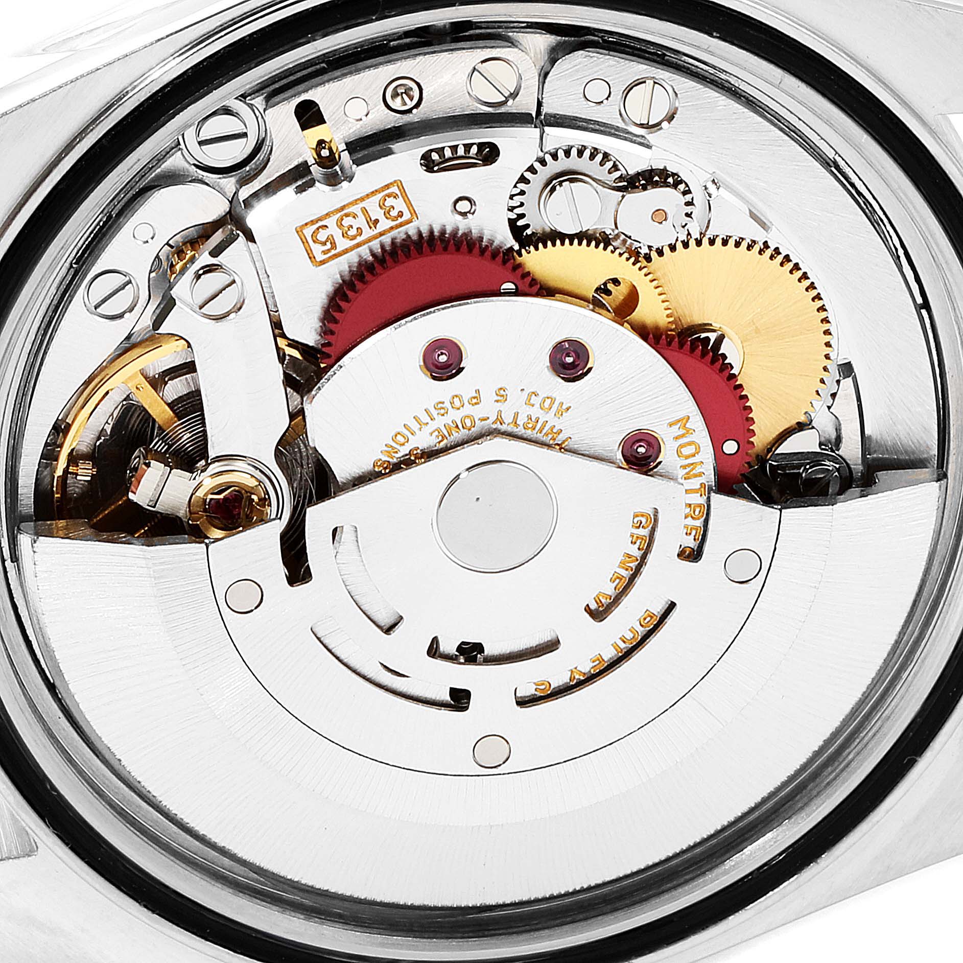 This image shows the internal mechanism of a Rolex Datejust 16233 Men
s Steel and Gold (two tone) Black Dial 16233 Men
s Steel and Gold (two tone) Black Dial watch from a close-up angle.