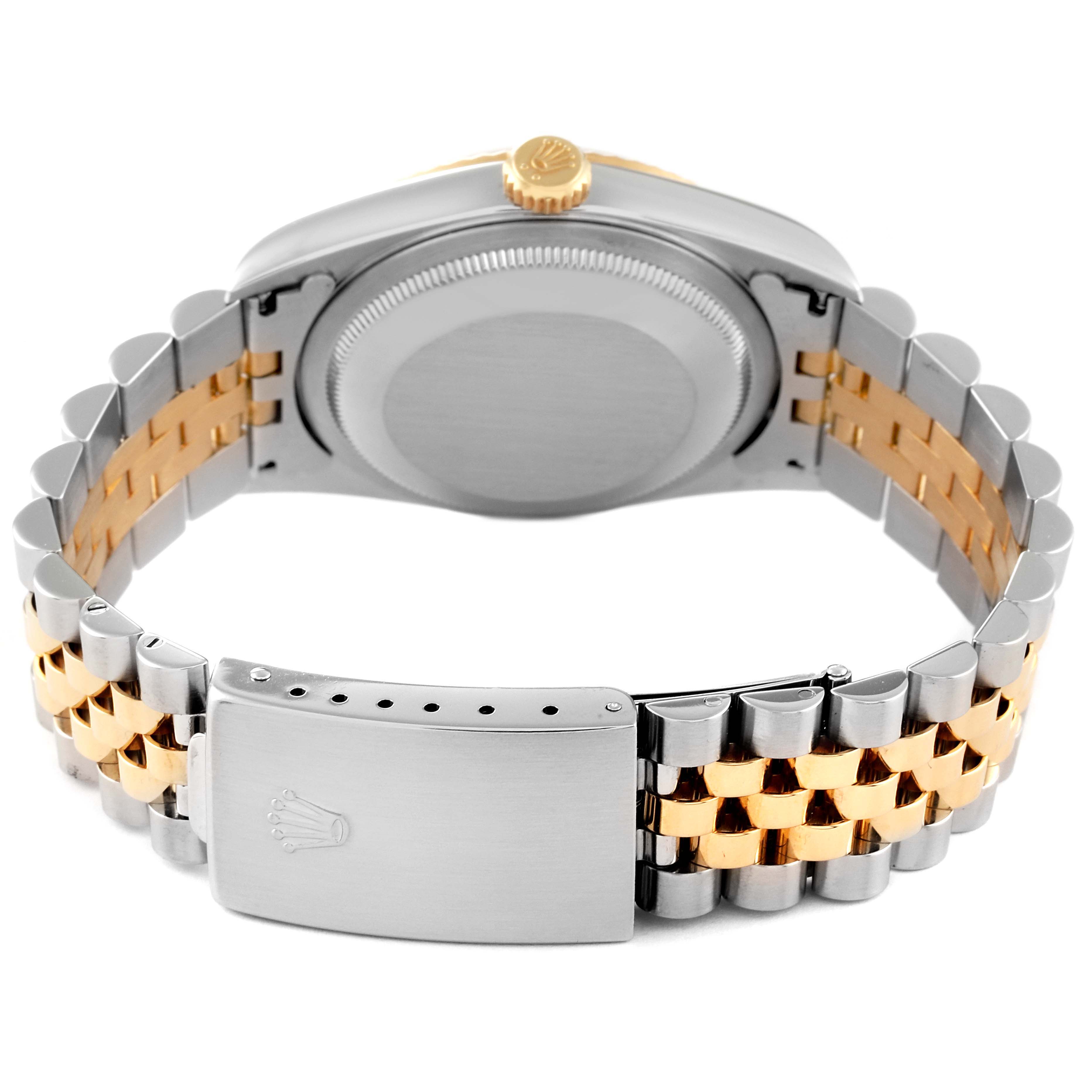 This image shows the back view of the Rolex Datejust 16233 Men's Steel and Gold (two tone) Blue Dial 16233 Men's Steel and Gold (two tone) Blue Dial watch, focusing on the caseback and bicolor metal bracelet.