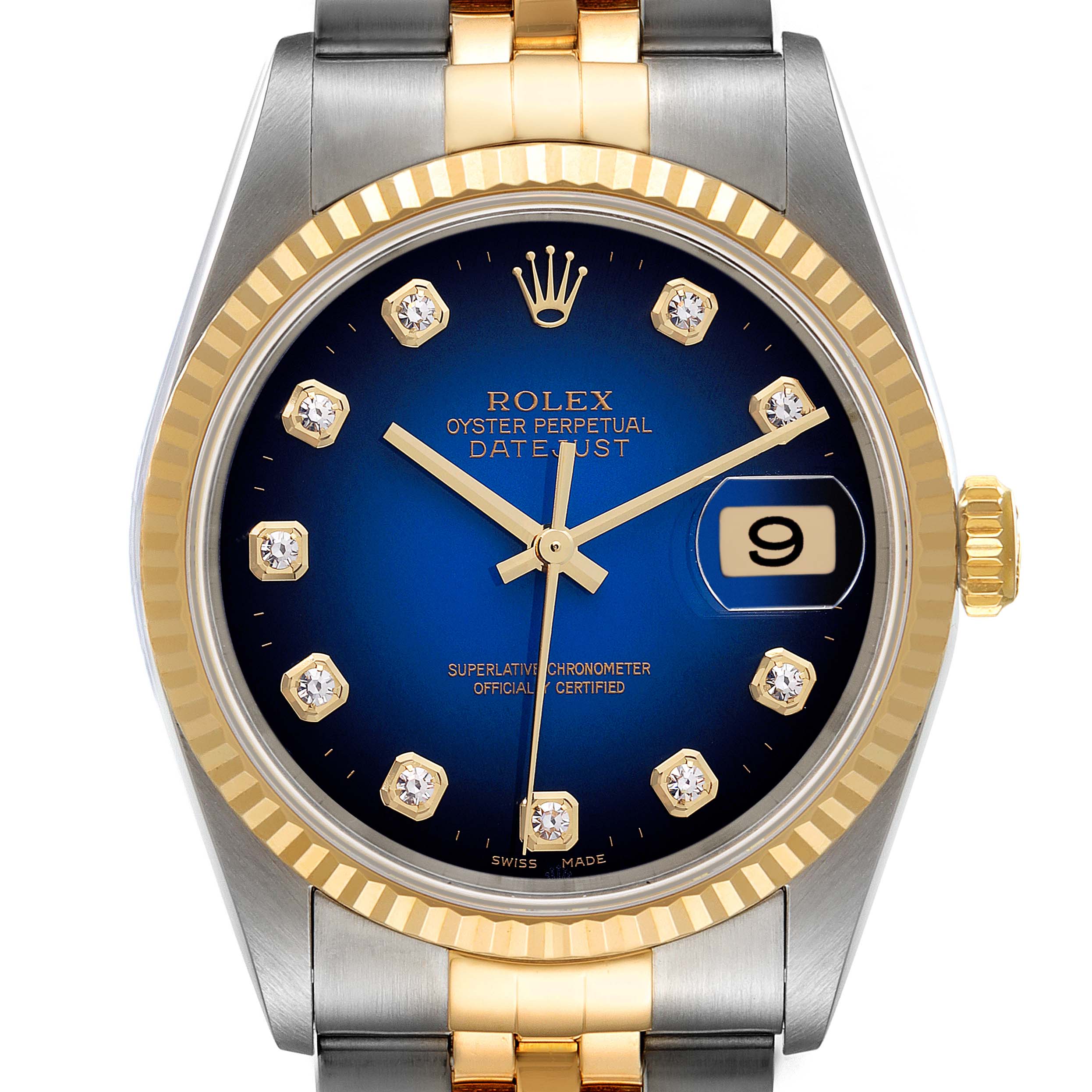 This Rolex Datejust 16233 Men's Steel and Gold (two tone) Blue Dial 16233 Men's Steel and Gold (two tone) Blue Dial watch is shown from a front angle, highlighting its dial, bezel, and part of the bracelet.