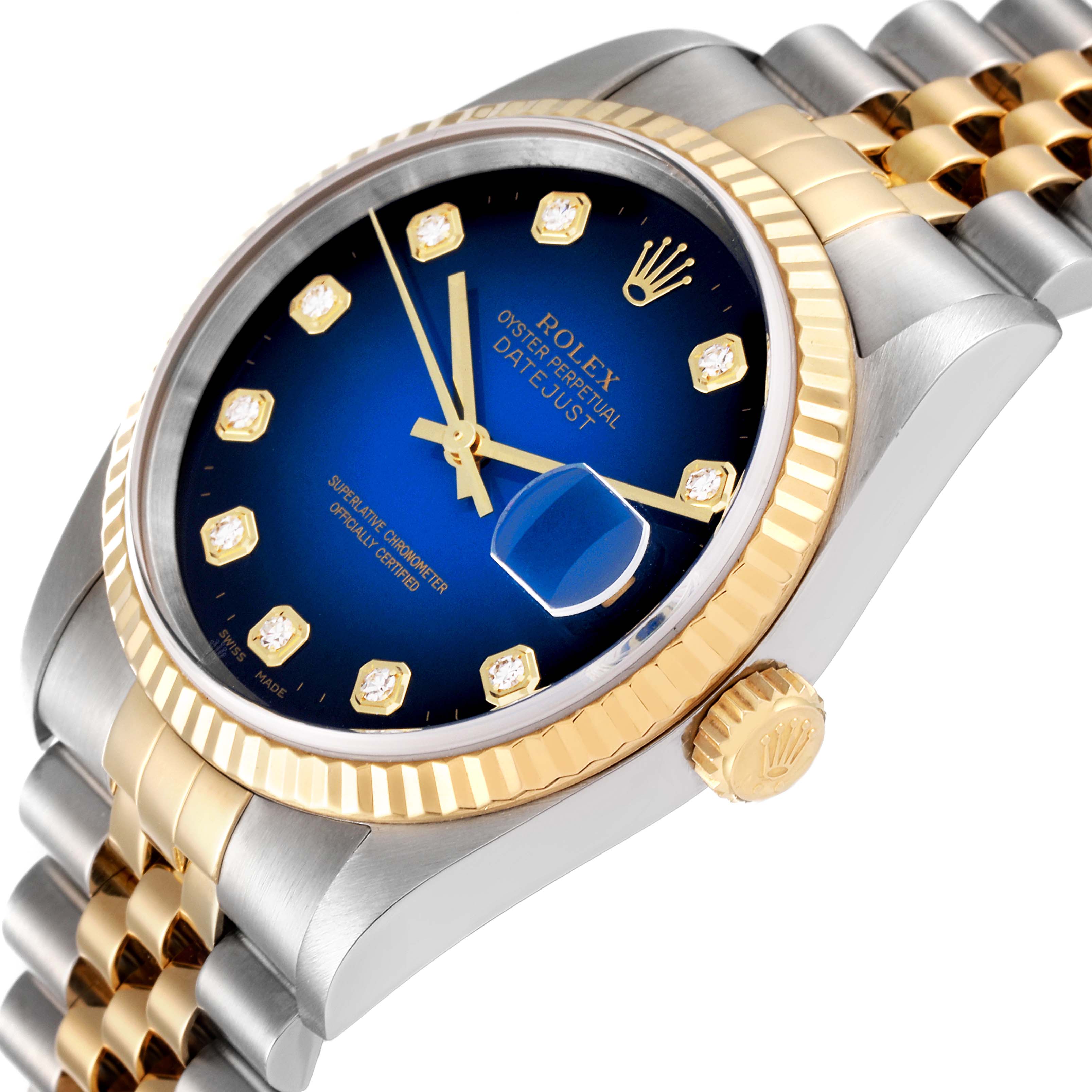 The image shows a close-up angle of a Rolex Datejust 16233 Men's Steel and Gold (two tone) Blue Dial 16233 Men's Steel and Gold (two tone) Blue Dial watch, highlighting the blue dial, gold fluted bezel, and jubilee bracelet.
