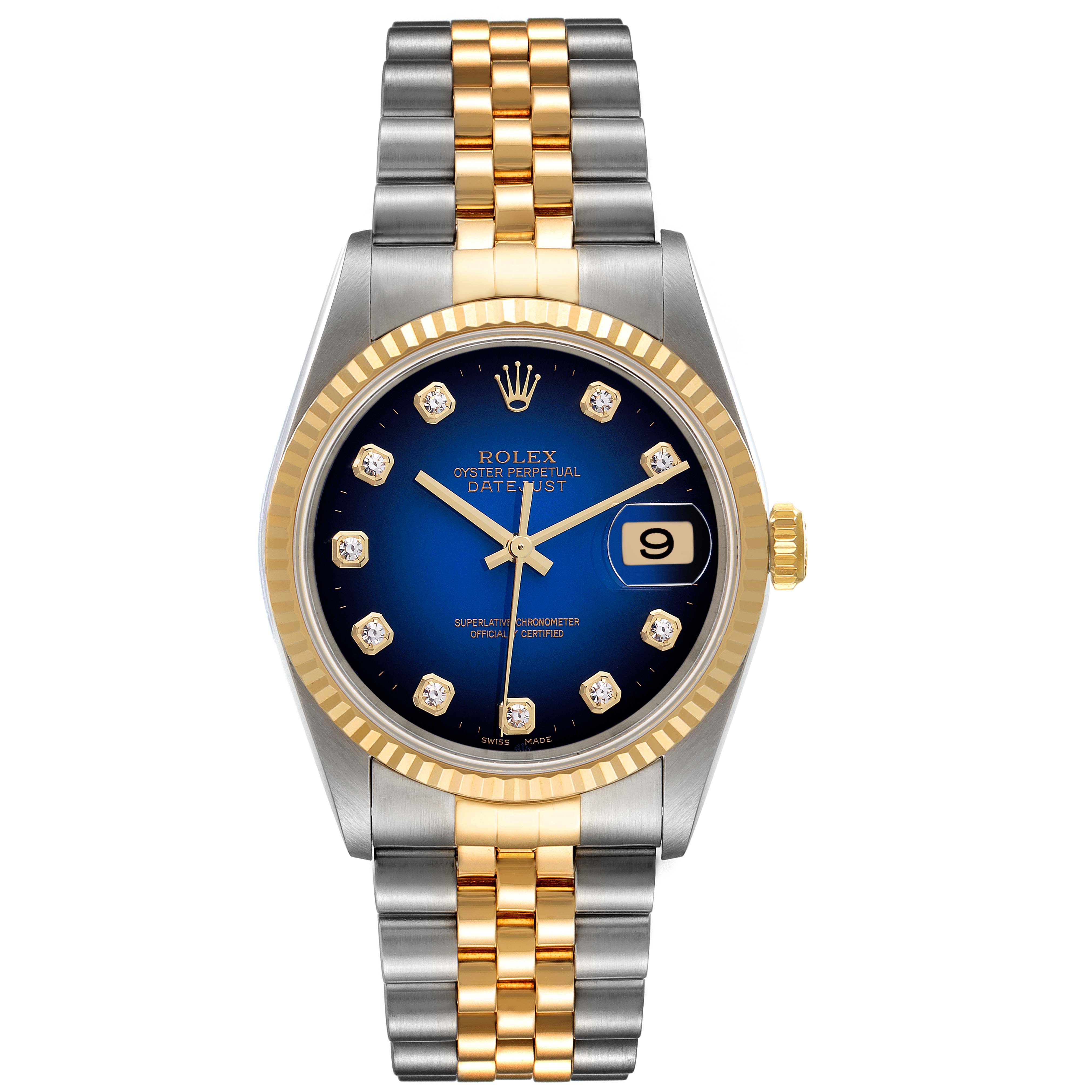The Rolex Datejust 16233 Men's Steel and Gold (two tone) Blue Dial 16233 Men's Steel and Gold (two tone) Blue Dial watch is shown from a front angle, displaying its blue dial, gold fluted bezel, date window, and two-tone bracelet.