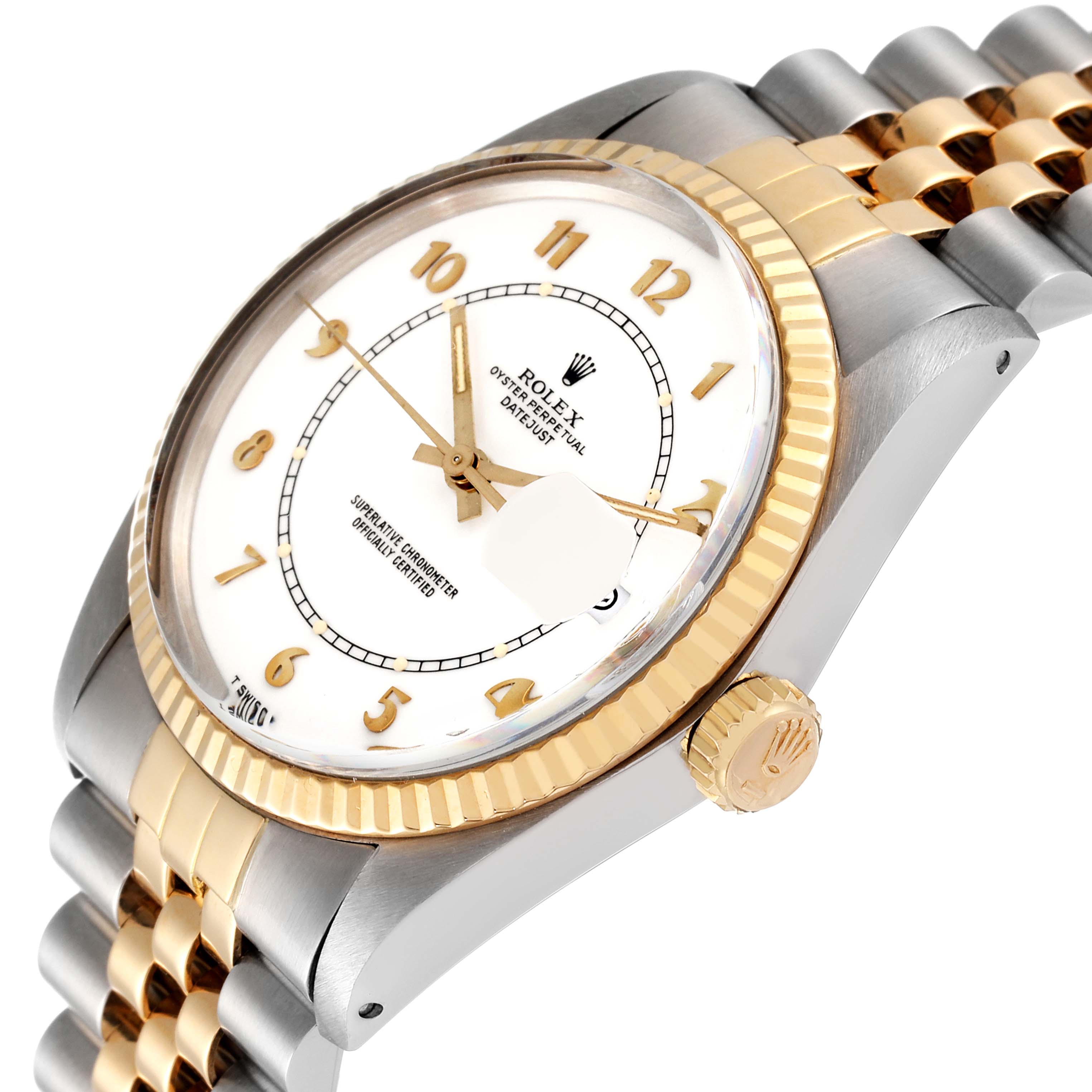 The image shows a side angle view of the Rolex Vintage Collection 16013 Men's Steel and Gold (two tone) White Dial 16013 Men's Steel and Gold (two tone) White Dial watch, featuring its face, bezel, crown, and band.