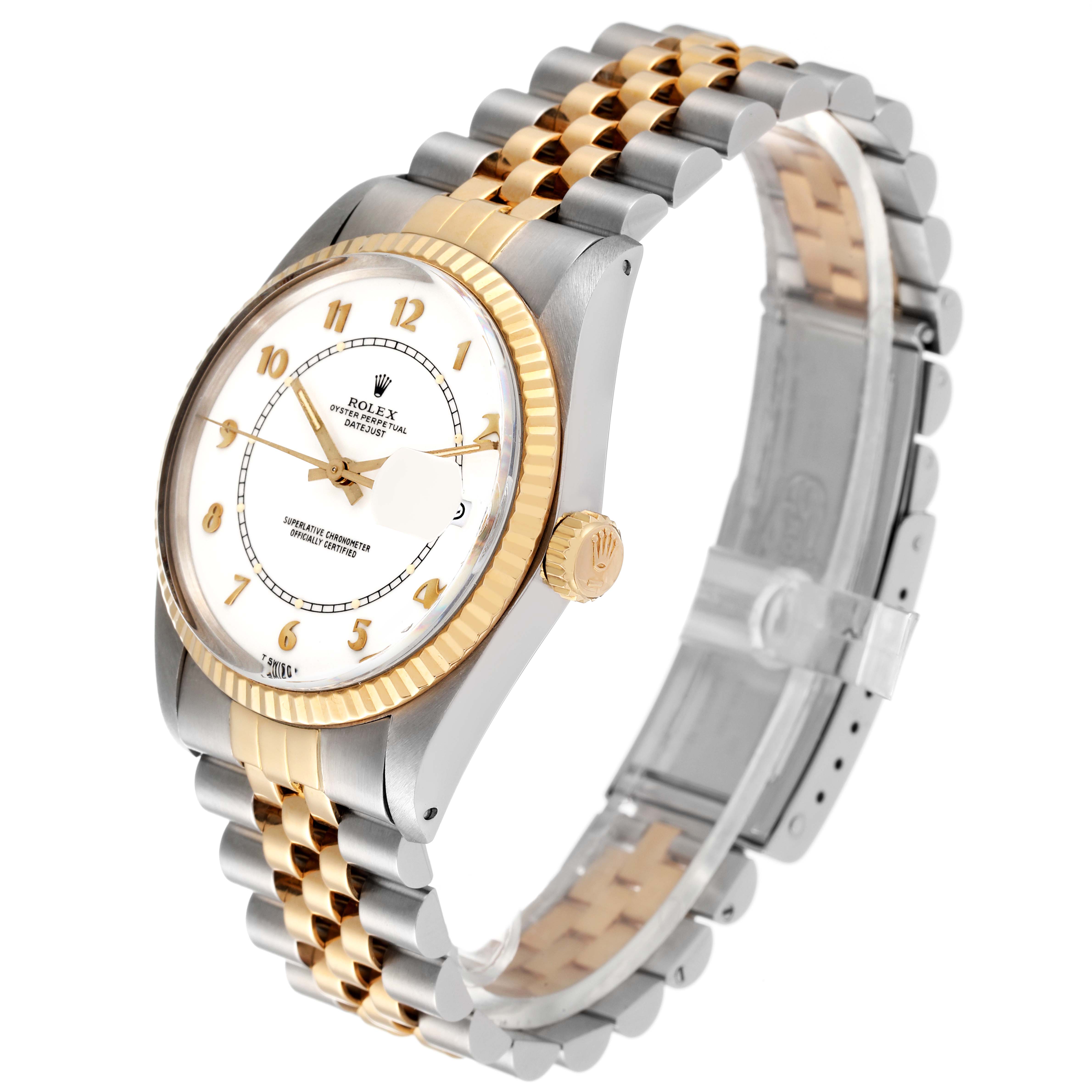The image shows a side-angle view of a Rolex Vintage Collection 16013 Men's Steel and Gold (two tone) White Dial 16013 Men's Steel and Gold (two tone) White Dial watch, highlighting the face, bezel, crown, and bracelet.