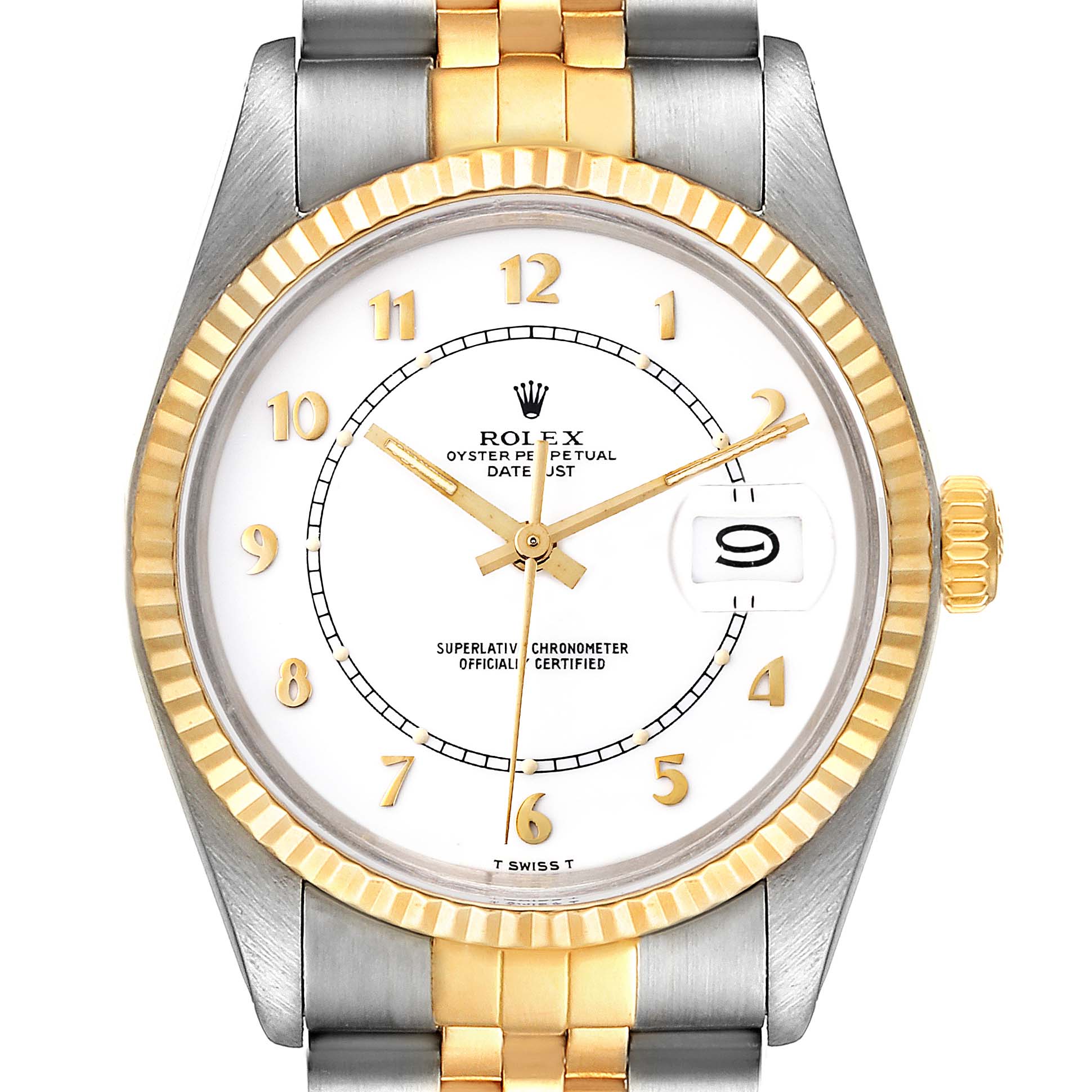 The image shows a front view of the Rolex Vintage Collection 16013 Men's Steel and Gold (two tone) White Dial 16013 Men's Steel and Gold (two tone) White Dial model, highlighting its dial, hands, bezel, and part of the bracelet.