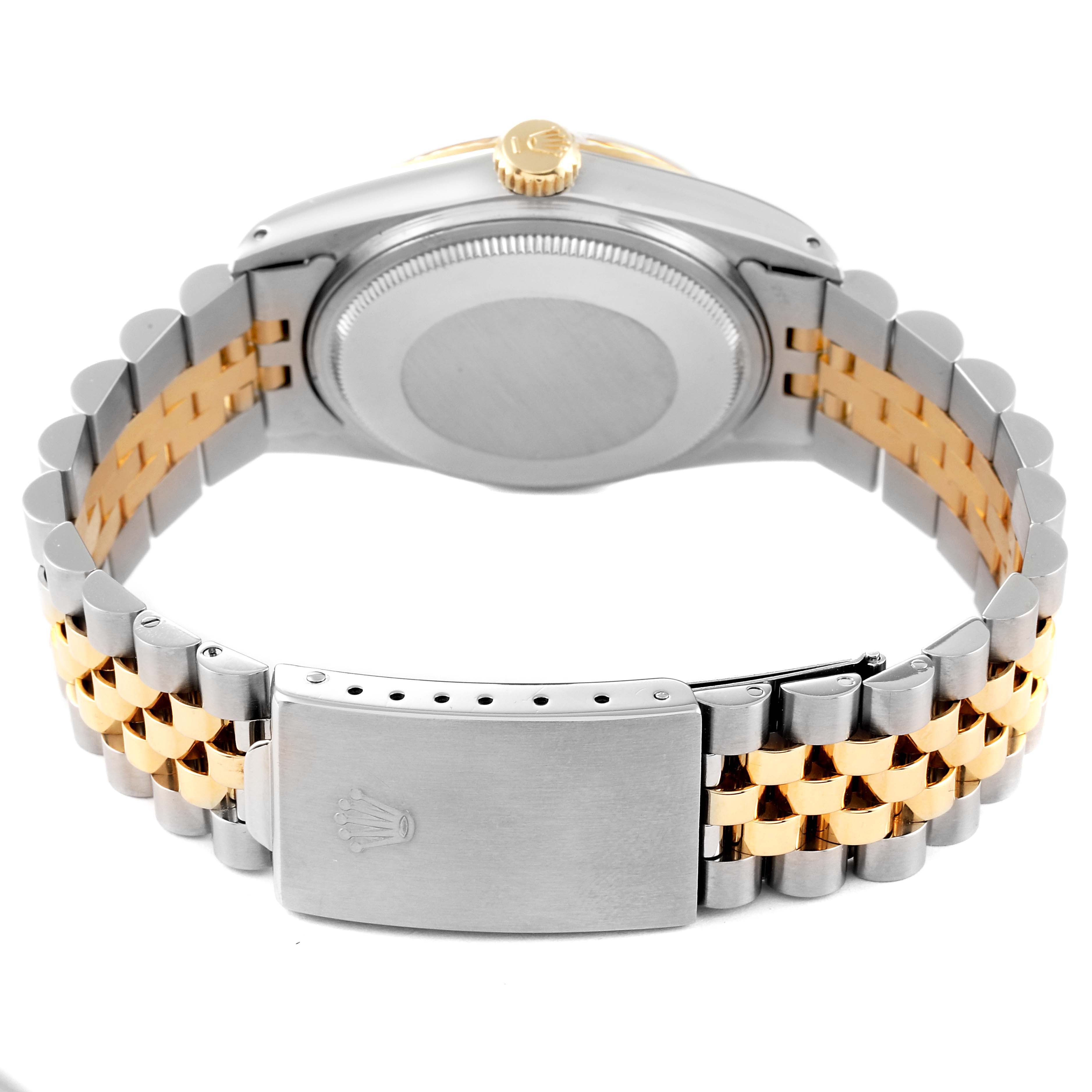 The image shows the back view of a Vintage Collection Rolex watch, focusing on the clasp, case back, and bicolor bracelet.