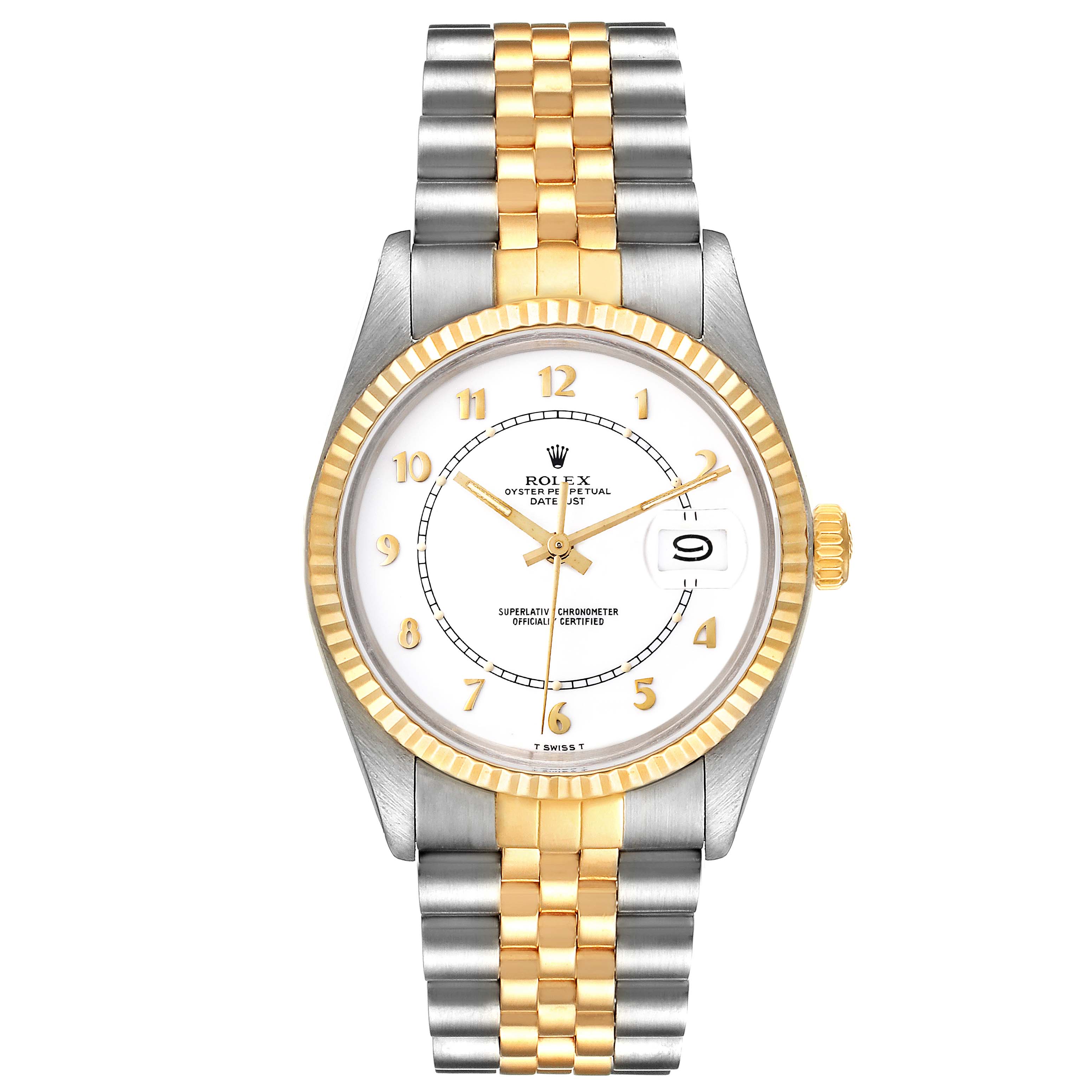 The image shows a frontal view of the Rolex Vintage Collection 16013 Men's Steel and Gold (two tone) White Dial 16013 Men's Steel and Gold (two tone) White Dial Datejust watch, displaying the watch face, bezel, crown, and bracelet.