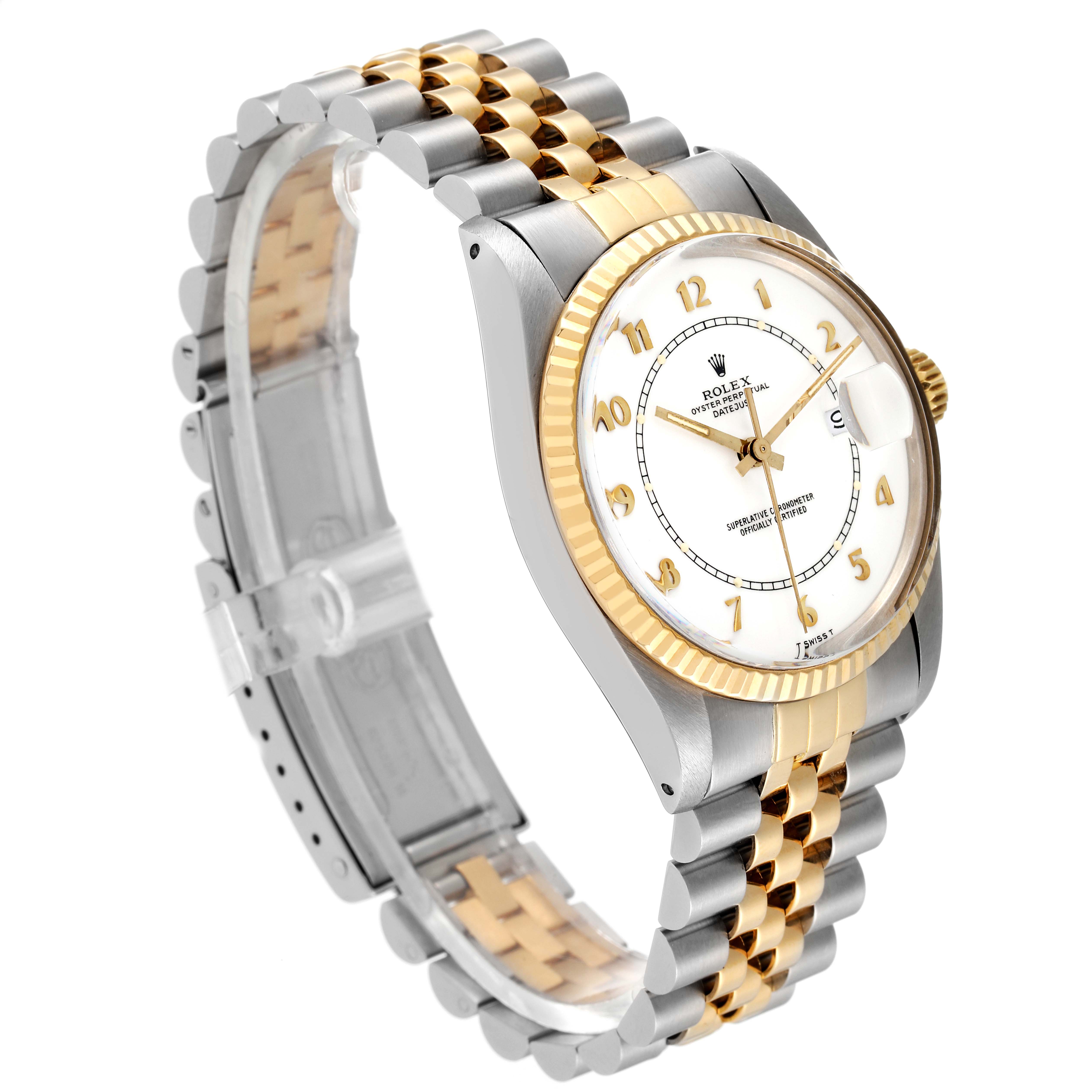 The image shows a side profile of a Rolex Vintage Collection 16013 Men's Steel and Gold (two tone) White Dial 16013 Men's Steel and Gold (two tone) White Dial watch with a white dial, gold accents, and a two-tone metal bracelet.