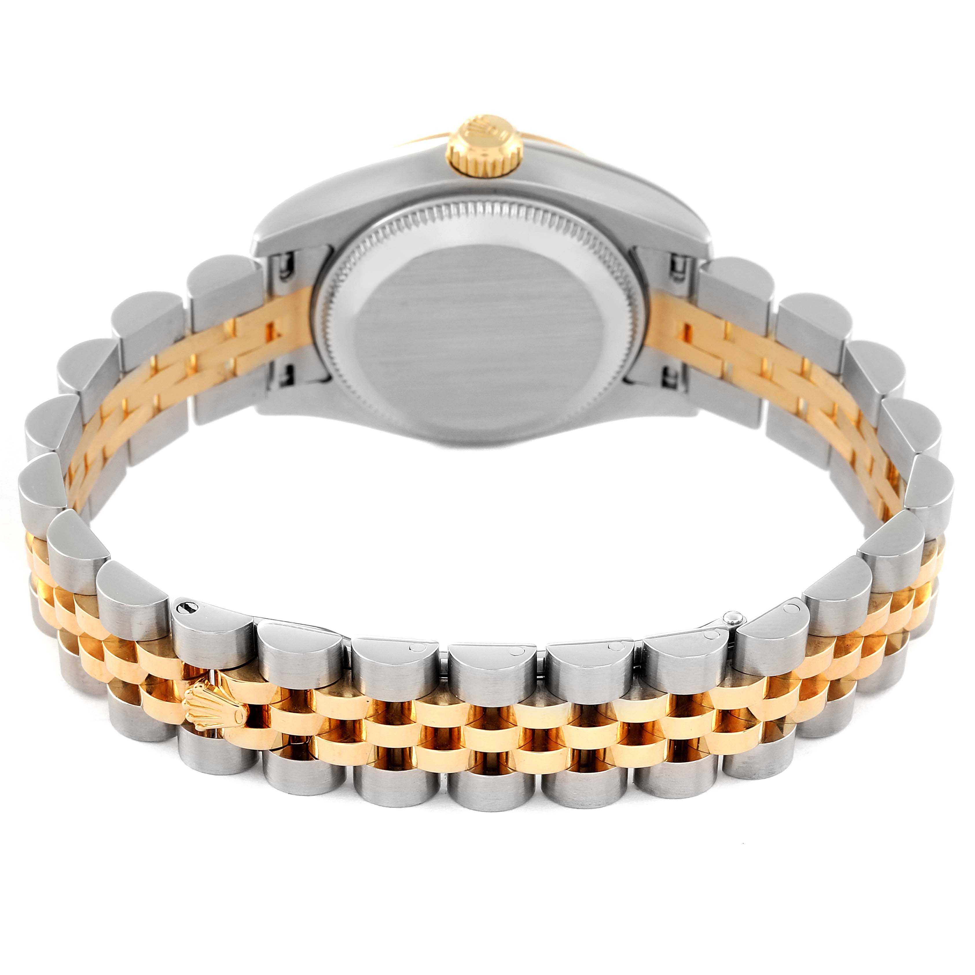 This image shows the back of the Rolex Datejust 179173 Women's Steel and Gold (two tone) Champagne Dial 179173 Women's Steel and Gold (two tone) Champagne Dial watch, highlighting its stainless steel and gold bracelet.