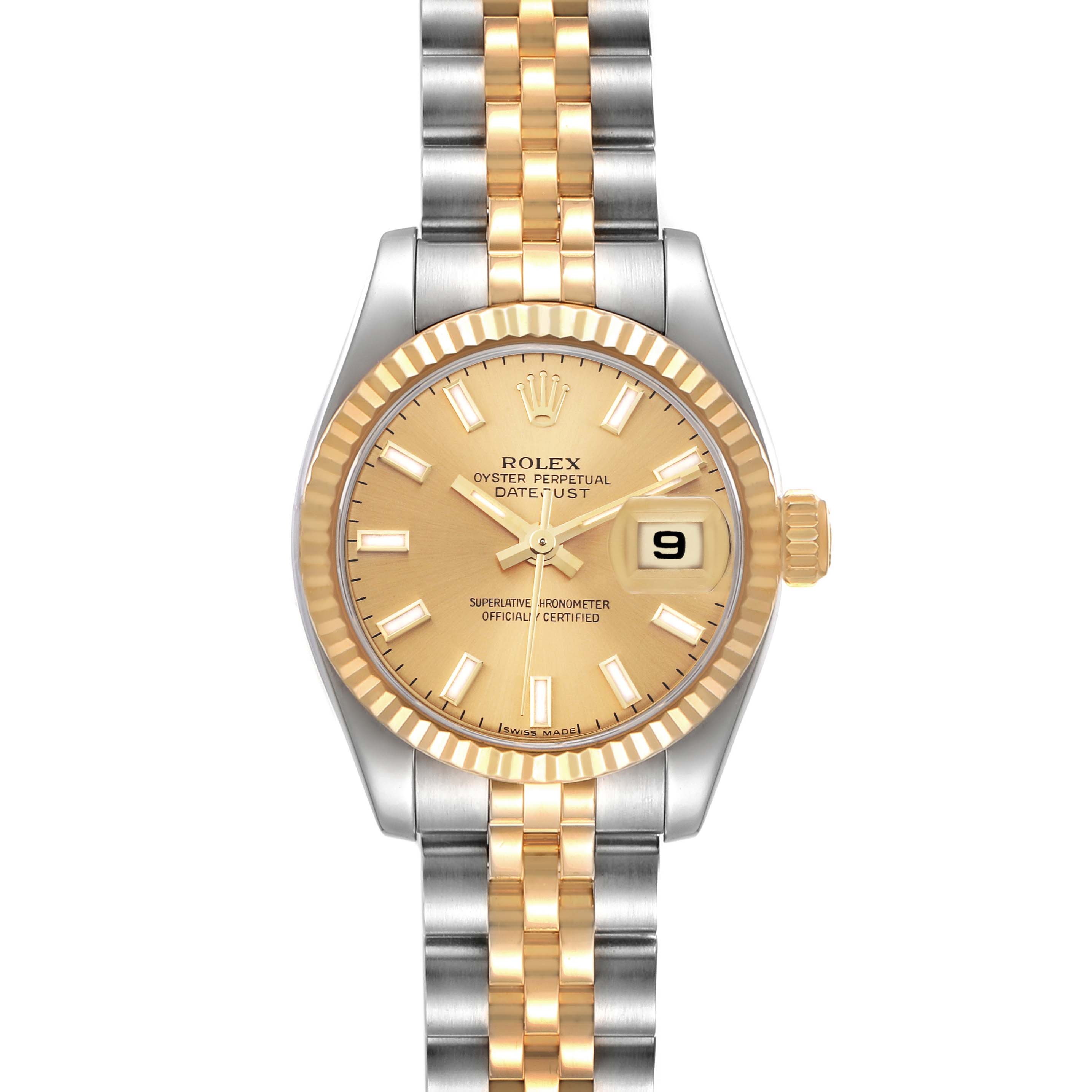 This image shows a front view of a Rolex Datejust 179173 Women's Steel and Gold (two tone) Champagne Dial 179173 Women's Steel and Gold (two tone) Champagne Dial watch, highlighting its dial, bezel, and jubilee bracelet.