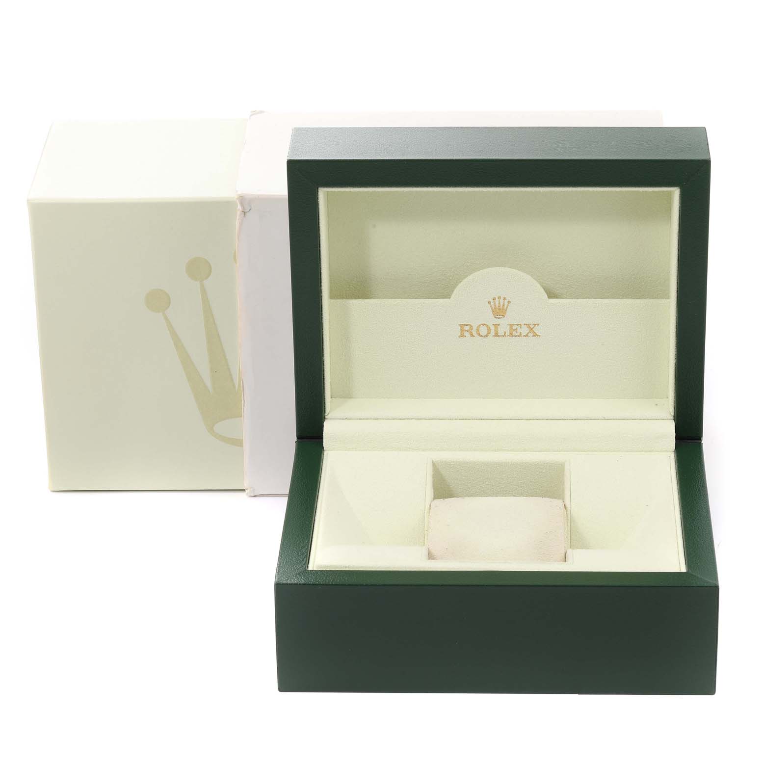 The image shows an open green and cream Rolex Datejust 179173 Women's Steel and Gold (two tone) Champagne Dial 179173 Women's Steel and Gold (two tone) Champagne Dial watch box, with an outer white box featuring the Rolex logo.