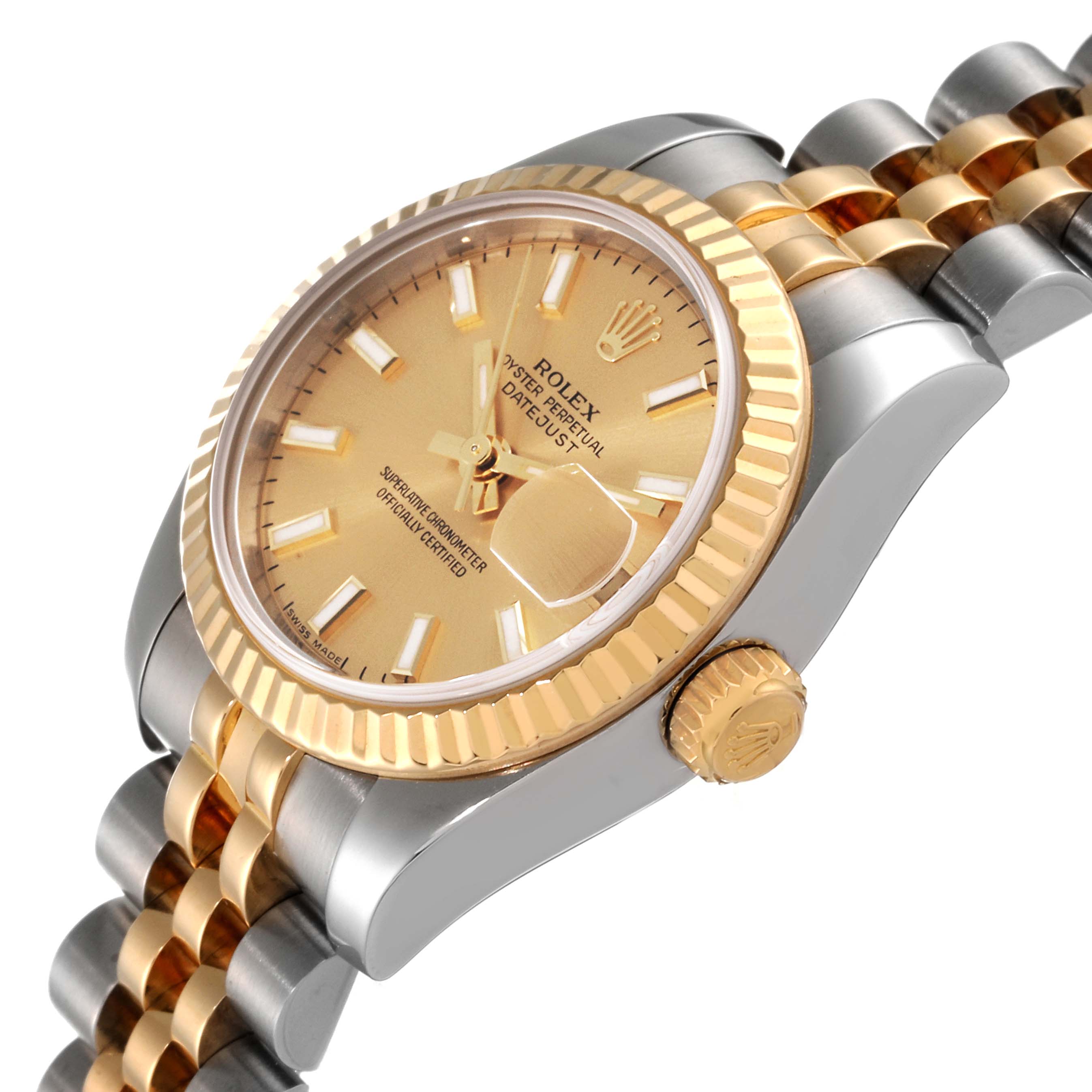 This image shows a close-up, angled view of the Rolex Datejust 179173 Women's Steel and Gold (two tone) Champagne Dial 179173 Women's Steel and Gold (two tone) Champagne Dial watch, highlighting the face, crown, and part of the bracelet.