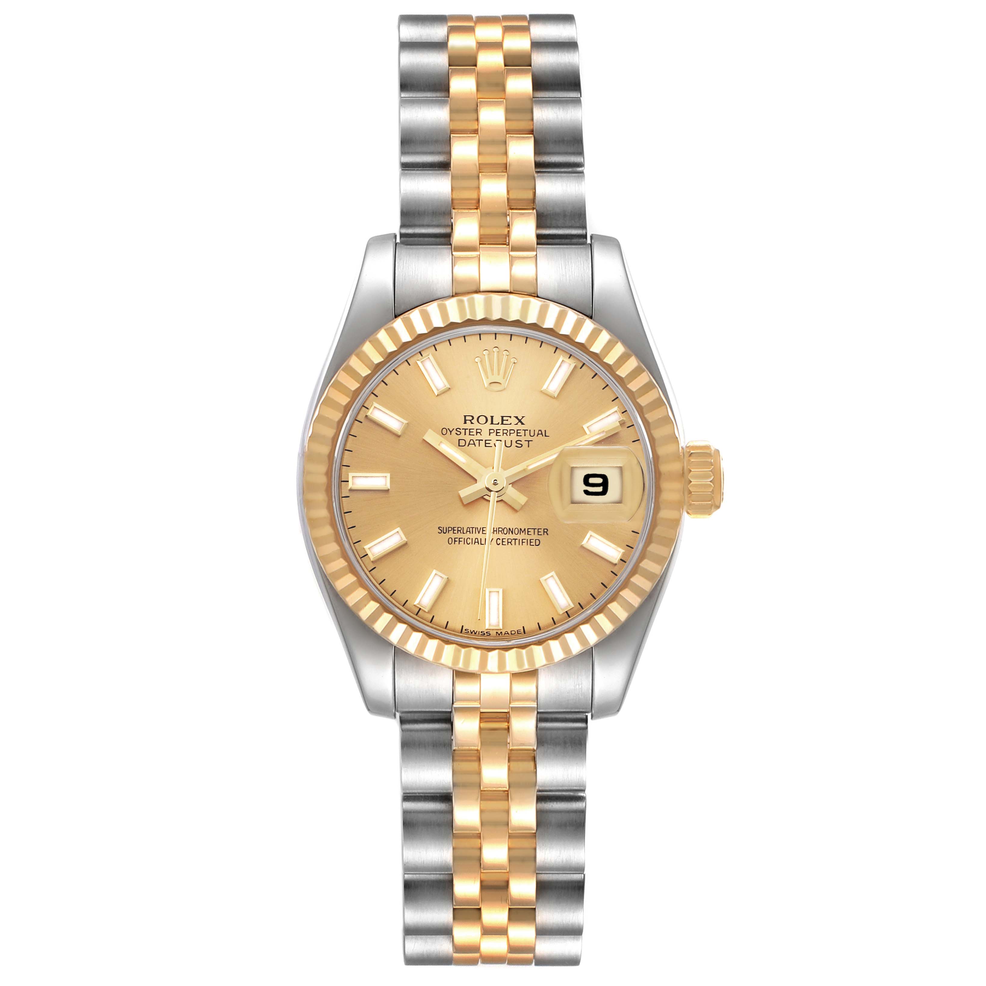 The image shows a Rolex Datejust 179173 Women's Steel and Gold (two tone) Champagne Dial 179173 Women's Steel and Gold (two tone) Champagne Dial watch from the front, highlighting the dial, bezel, bracelet, and date window.