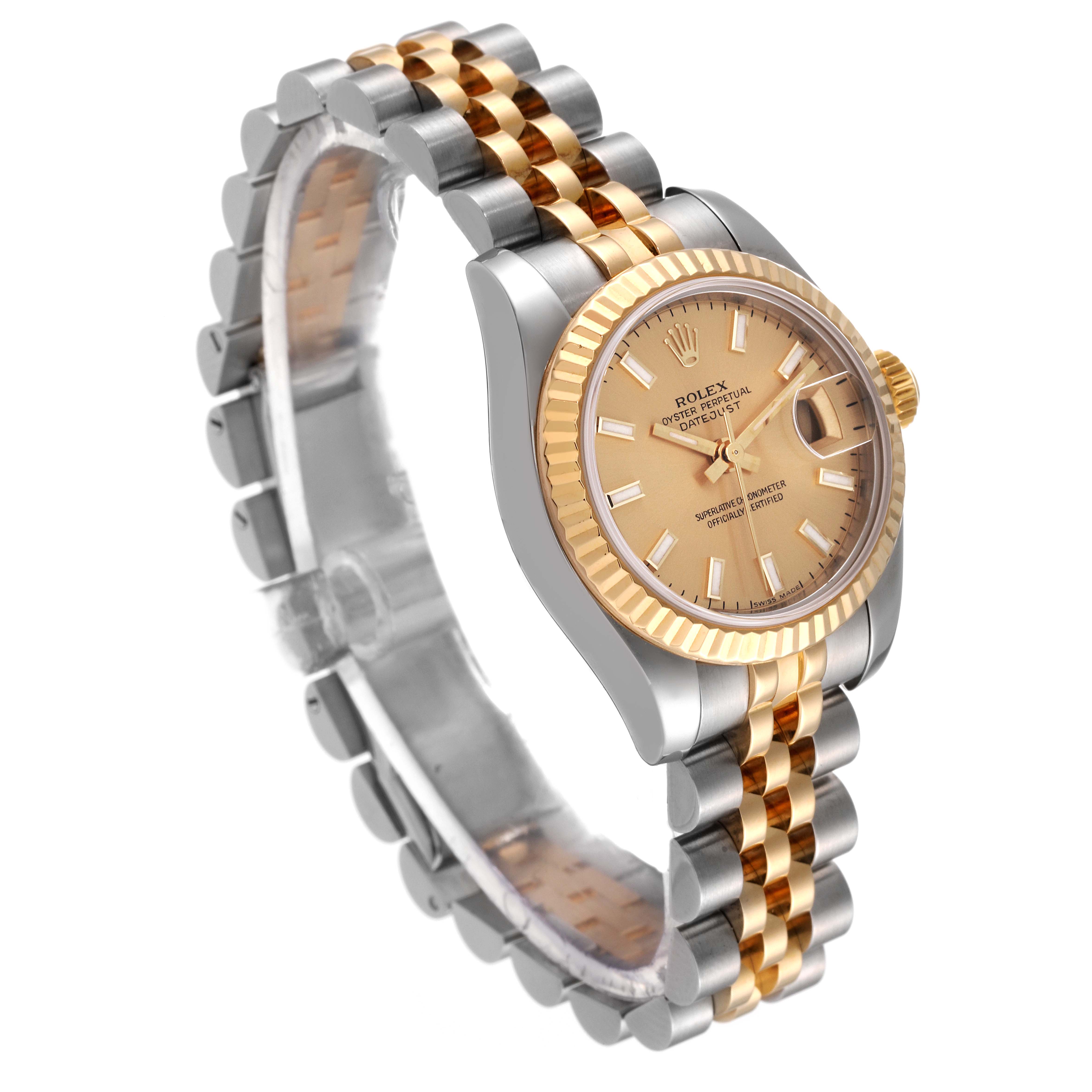 The image shows a side angle of the Rolex Datejust 179173 Women's Steel and Gold (two tone) Champagne Dial 179173 Women's Steel and Gold (two tone) Champagne Dial watch, highlighting the face, bezel, and two-tone metal bracelet.