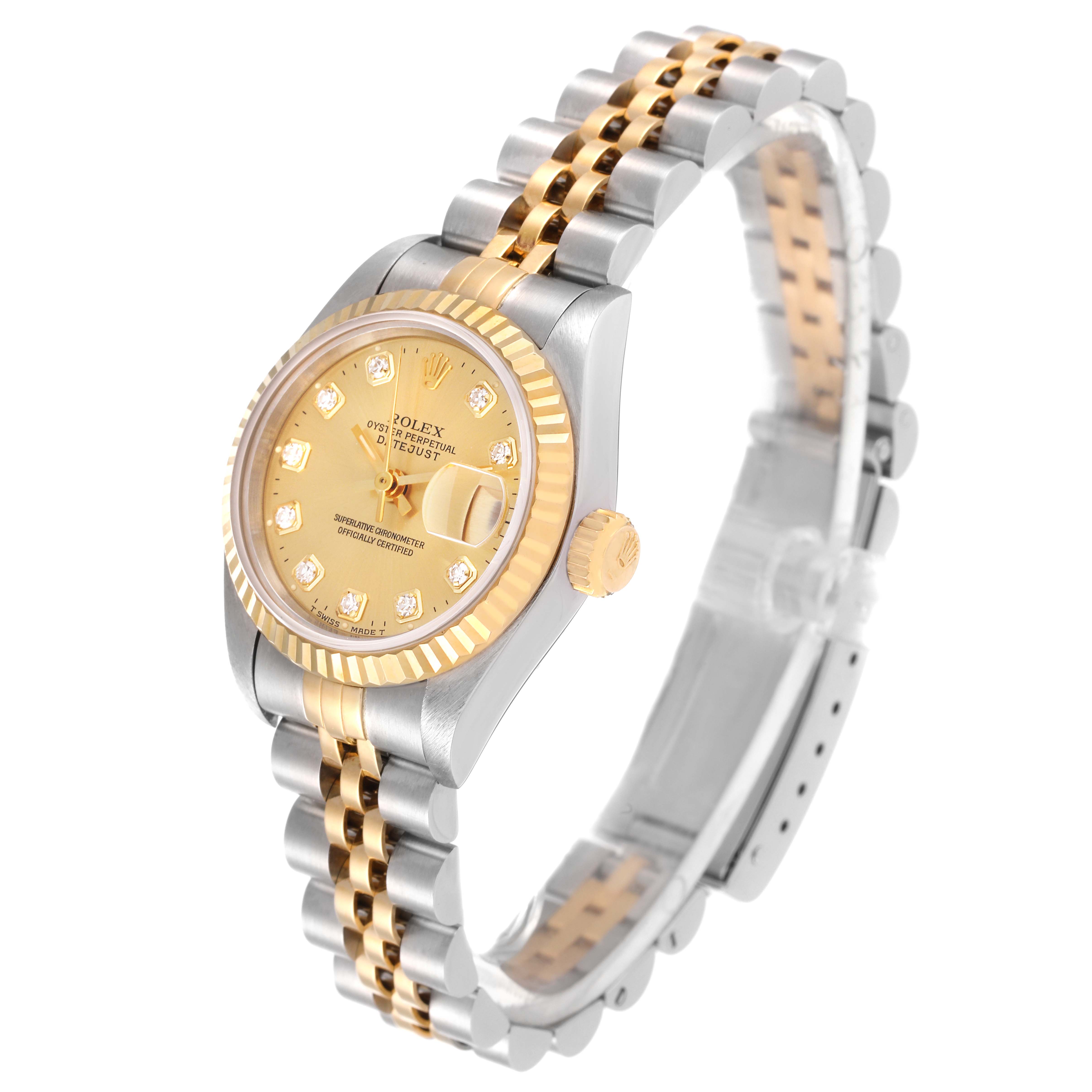 The image shows a Rolex Datejust 69173 Women's Steel and Gold (two tone) Champagne Dial 69173 Women's Steel and Gold (two tone) Champagne Dial watch at an angled side view, featuring the dial, bezel, crown, and two-tone bracelet.
