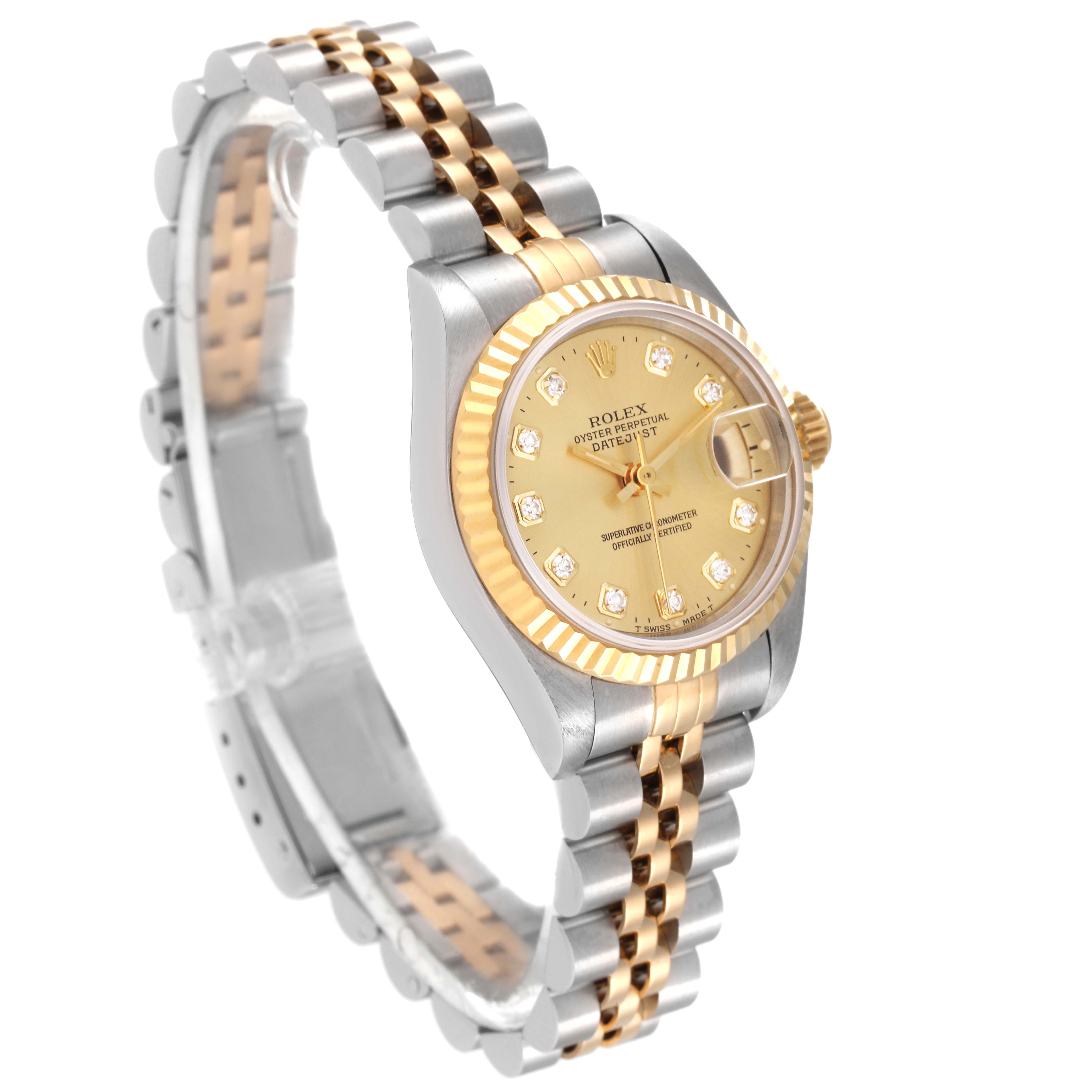 The image shows a Rolex Datejust 69173 Women's Steel and Gold (two tone) Champagne Dial 69173 Women's Steel and Gold (two tone) Champagne Dial watch at an angled side view displaying its two-tone bracelet and gold dial with diamond markers.