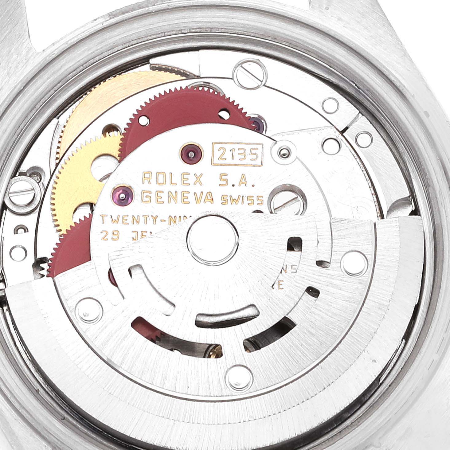 This image shows the movement and internal mechanism of the Rolex Datejust 69173 Women's Steel and Gold (two tone) Champagne Dial 69173 Women's Steel and Gold (two tone) Champagne Dial watch, viewed from a close-up angle.